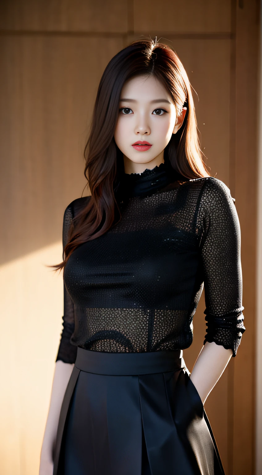 Japanese actress, Emily Suzuwara, masterpiece, light makeup, red lips, red hair, messy long hair, pure background, beautiful, elegant. Ultra-fine details, masterpieces, realistic textures, realistic cinematic lighting, perfect work, 8k, HD, delicate facial features, black shirt, black hip skirt and delicate curves