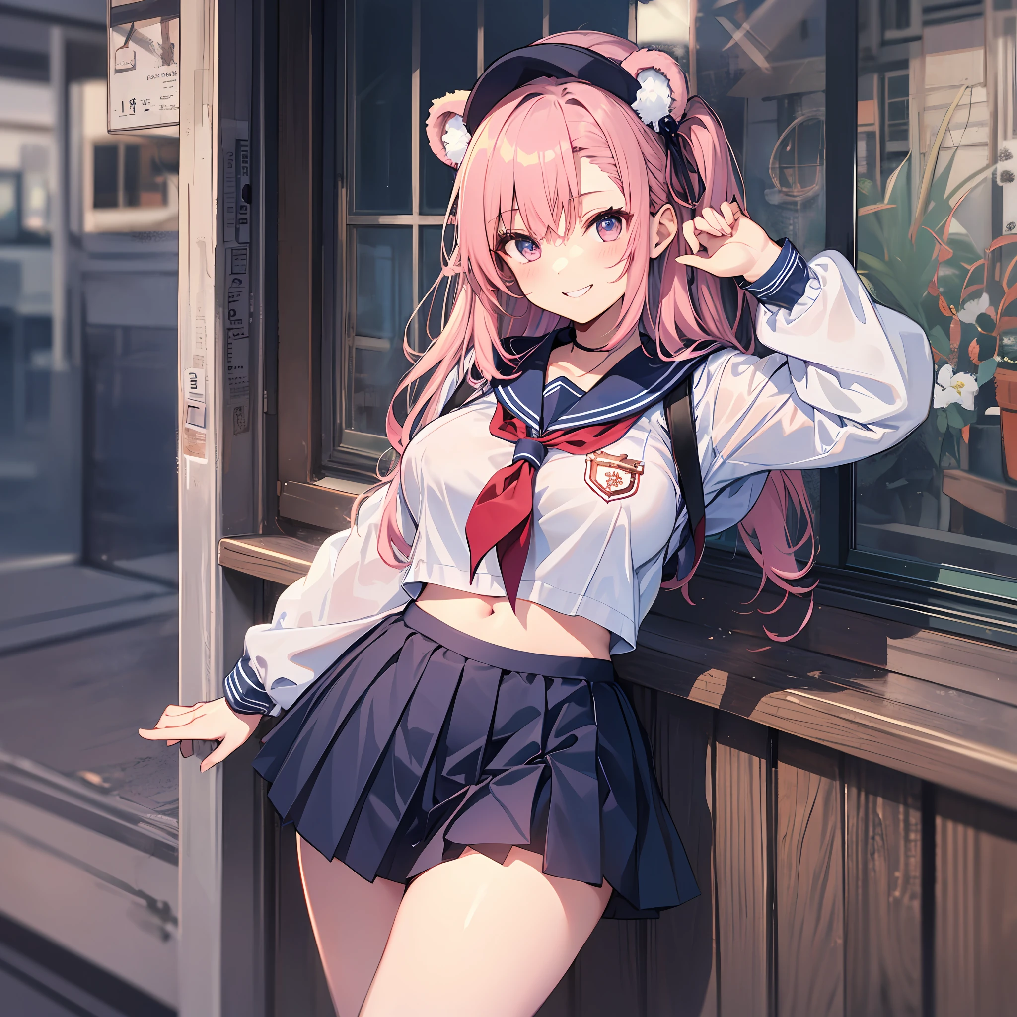 Top Quality High School Girl Bear Ears School Transparency Beautiful Girl Random Pose Misaka Mikoto Big Tits White Sailor Suit Navy Blue Mini Skirt White Loose Socks Pink Hair Fastening Beautiful Skin Smile
