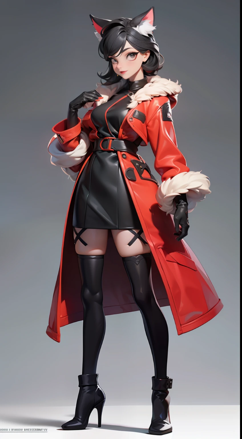 Full Body Photo Unreal Engine 5 8K UHD beautiful woman, red bunny coat, long gloves, luxury accessories, high heels, cat ears, black hair, beautiful makeup, top quality, masterpiece