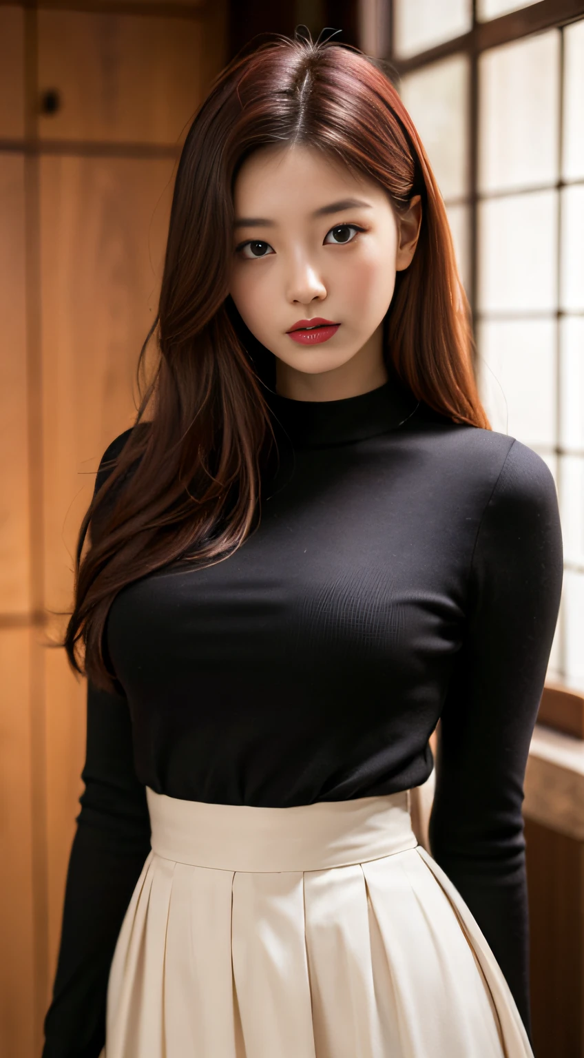 Japanese actress, Emily Suzuwara, masterpiece, light makeup, red lips, red hair, messy long hair, pure background, beautiful, elegant. Ultra-fine details, masterpieces, realistic textures, realistic cinematic lighting, perfect work, 8k, HD, delicate facial features, black shirt, black hip skirt and delicate curves