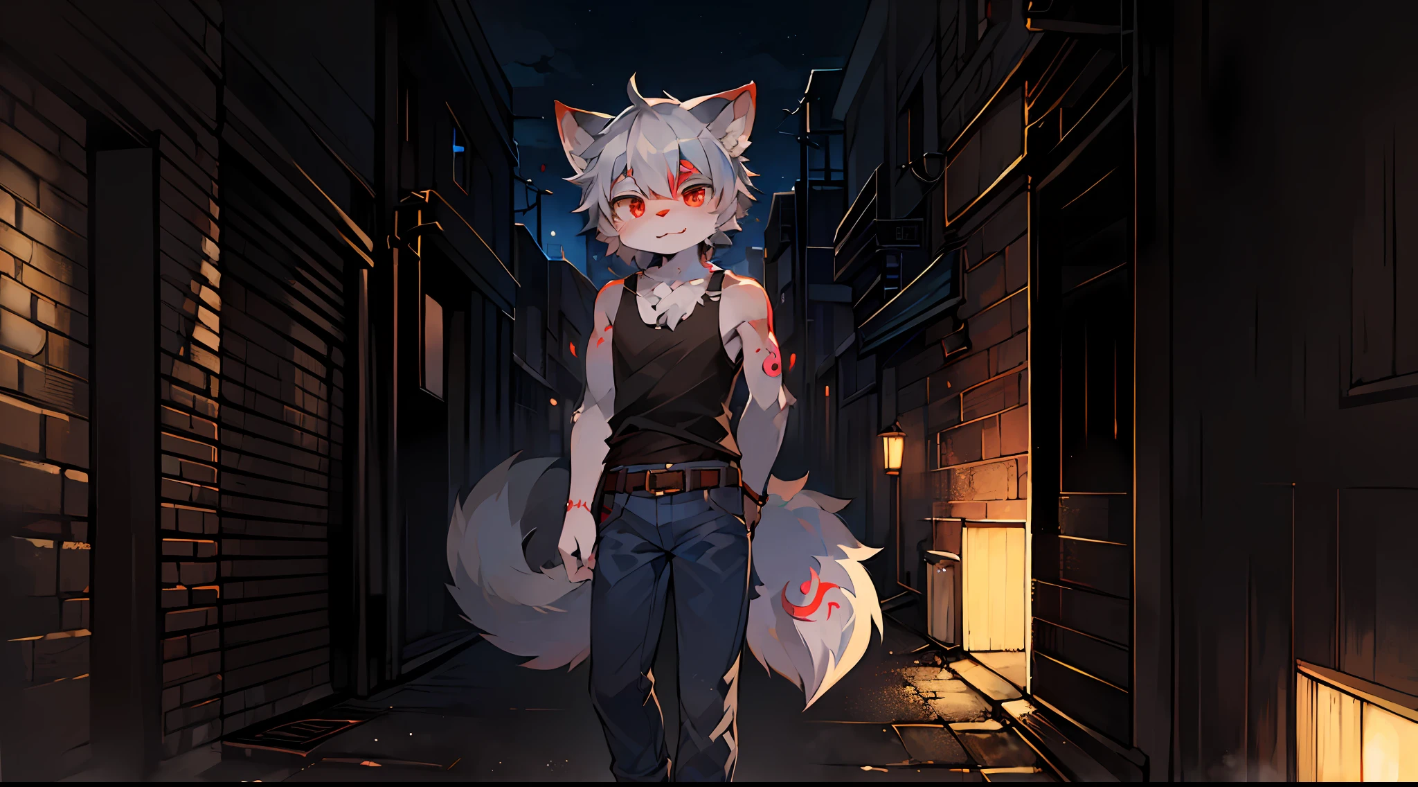 (Dark Environment: 0.8), Masterpiece, High Quality, Abstract Res, Digital Painting\(artwork\), by Dagasi, Yupa, Kiyosan, (Anthro, Fluffy Fur, Character Focus: 1.1), Anthro Male Cat, Short Hair, Portrait , bright eyes, panorama, character focus. (Detailed background: 0.7), Solo, Furry, Furry Male, Male Focus, Anthr, (Full body fur, Fluffy tail, Gray-blue fur, Light red eyes, Long gray hair: 1.2), (Long canine, tank top, jeans, belt, tattoo: 1.2), (Exterior, night, alley: 1.1)
