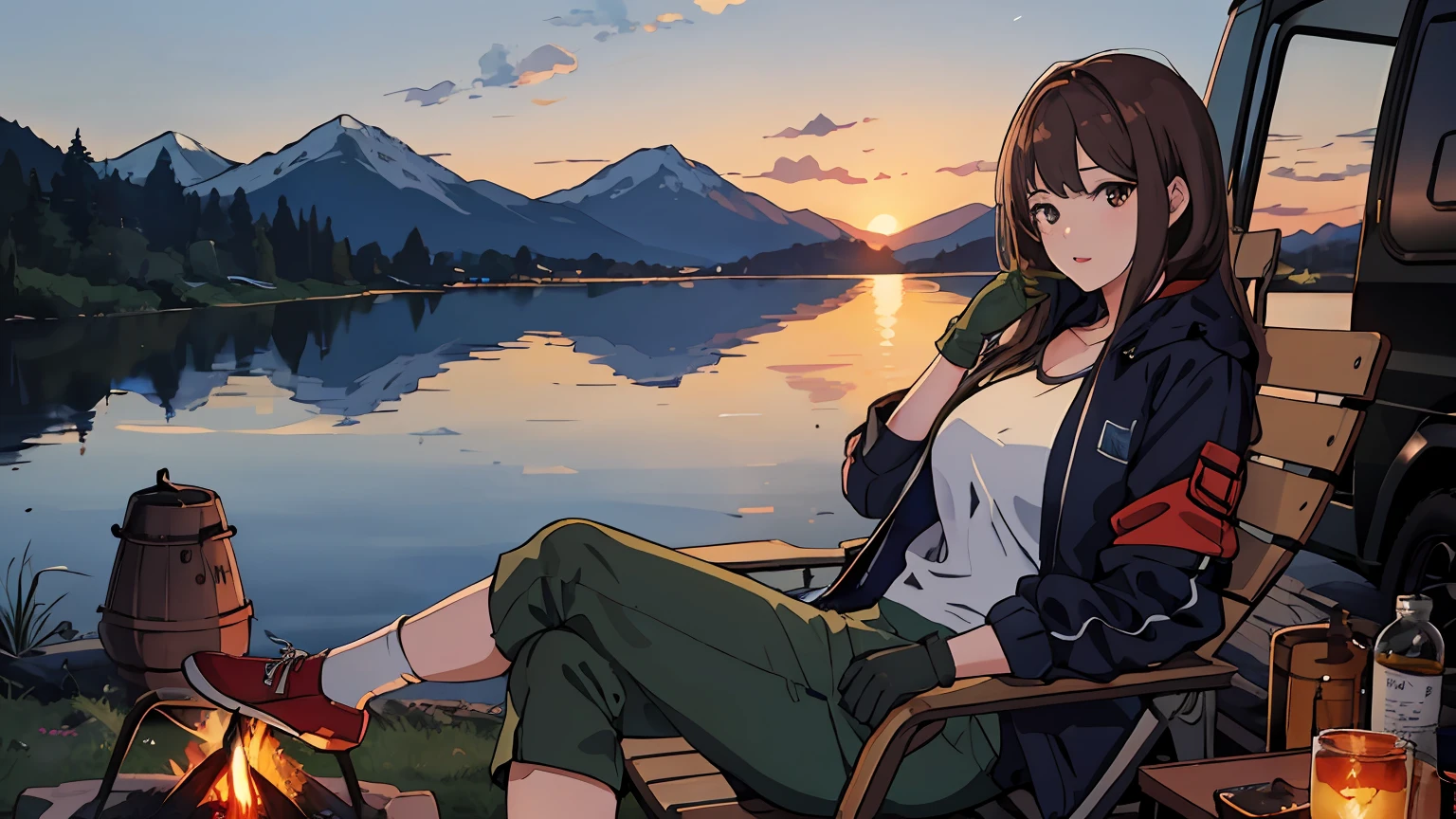 Top quality, masterpiece, 1 girl, solo, 25 years old, brown hair, outdoor jacket, cargo pants, long thick socks, thick gloves, relaxing in camper chair by campfire, late night, sunset, lake, beautiful mountain range on background, upper body, wearing lingerie, seductive appearance, huge breasts, 4k, open neckline, sexy