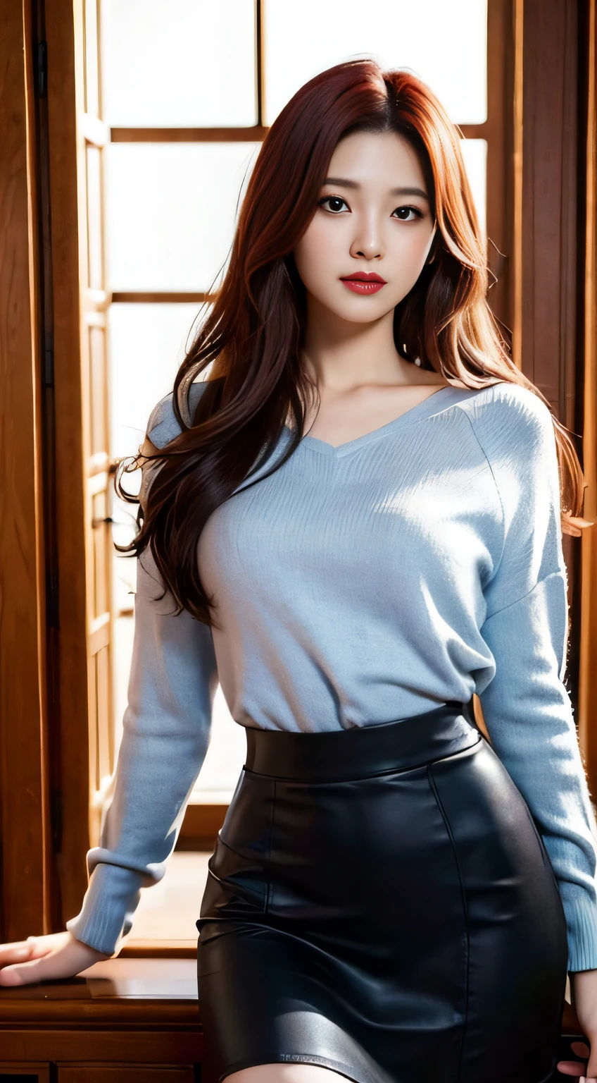 Japanese actress, Emily Suzuwara, masterpiece, light makeup, red lips, red hair, messy long hair, pure background, beautiful, elegant. Ultra-fine details, masterpieces, realistic textures, realistic cinematic lighting, perfect work, 8k, HD, delicate facial features, black shirt, black hip skirt and delicate curves