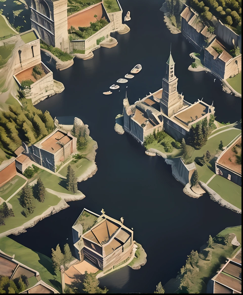 1950, there is a picture of the city where the river flows, town background, detailed city, Renaissance port city background, small city, town landscape, realistic photo of town, pre-rendered isometric graphics, town center background, detailed streets, american city, game map, isometric map, detailed city background, aerial illustration, isometric game art