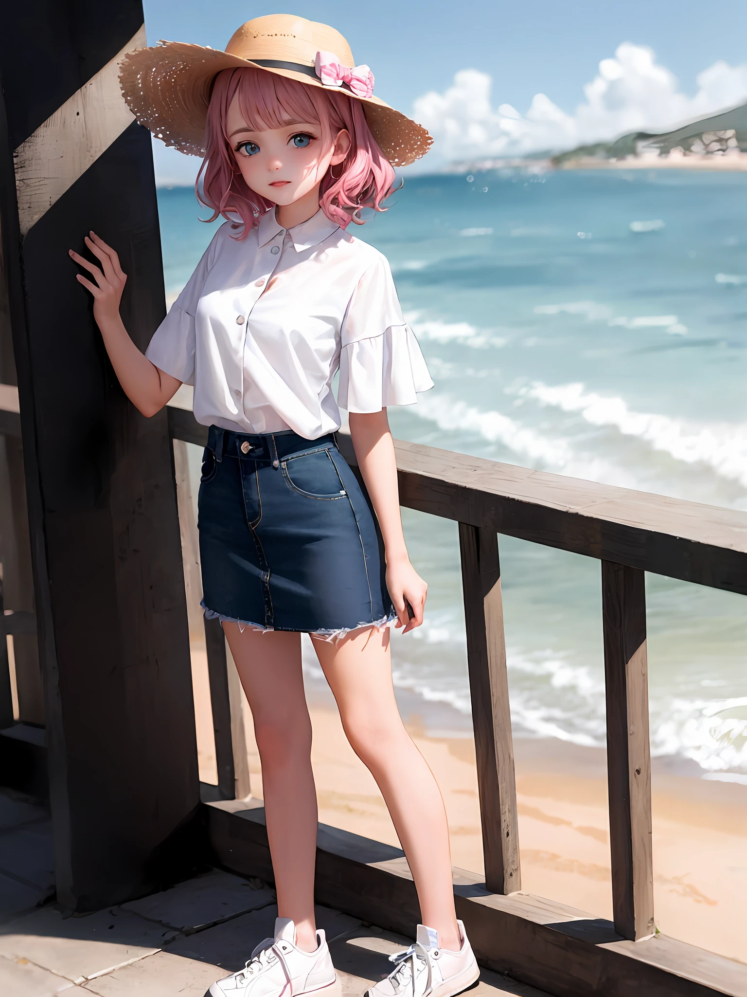 1girl, (masterpiece:1.1), (best quality:1.1), (white blouse:1.1), BREAK [blue:pink:0.5] theme, cowboy shot, full body, sideways view, looking at the audience, break pink hair, curly hair, delicate facial features, blue eyes, white hat, lady hat, white top, denim miniskirt, white sneakers, standing, beach, Sell moe