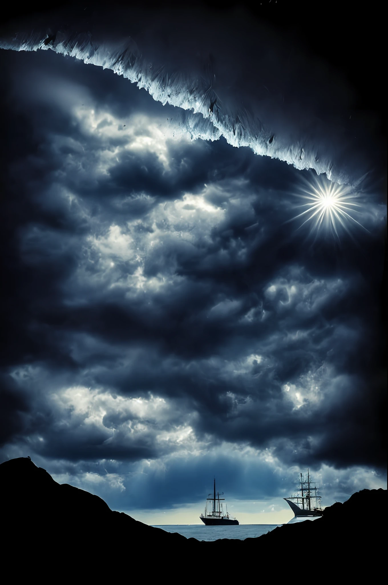 fairytale art, [light, paint, JWST, spiral galaxy, cosmic horrors beyond comprehension:ink, shadow,:0.25], big ship, sailing ship, rocks, ocean, storm, mountainous horizon, sun, [glitch|data change]