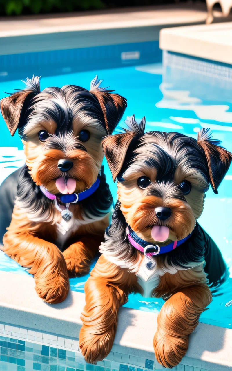 hyper Quality,Cute two Yorkshire Terrier puppies,different body colors,swimming in the pool,smile,black eyes,barking,narrow eyes,smile,eos r3 28mm --auto