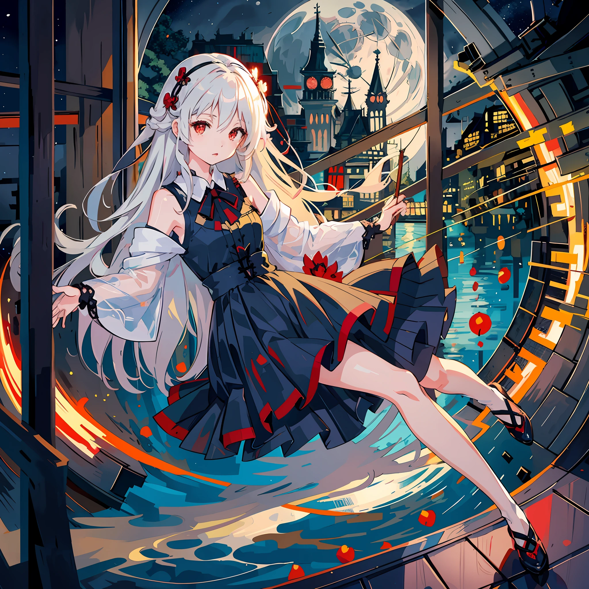Amazing beautiful girl, solo, red eyes, silver hair, long hair, small chest, hair accessories, black dress, petite, splash art anime , dark night, masterpiece, best quality, fine details, window, moon