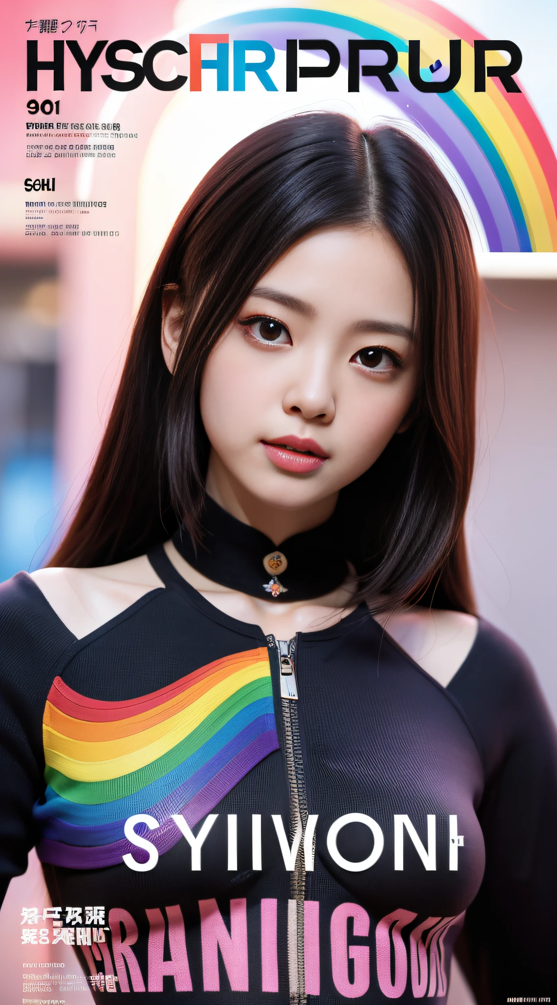 Japanese Beauty, Japanese Actress, (((Sora Aoi)), Prism Rainbow Bridge, Spectral Arc, Color Connection, Fashion Typography, Magazine Cover Poster, Dyna, Hyperdetail, Searle Shadow, Arte, Title, Logo, Label, Badge, Graphic Design, 4k Detail Post-processing, Atmosphere, Surreal, 8k, Epic Composition, Intricate Detail,