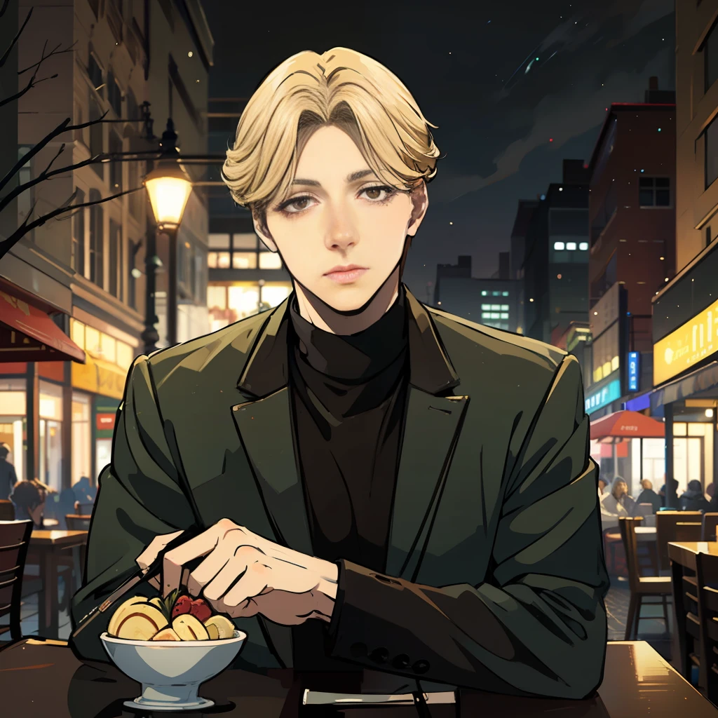 photo of a cool boy ,face of Johan Liebert ,highlighted blonde hair , detailed brown eyes ,skin pores,skin texture, sitting outside of restaurant,dark, night view , manipulator personality,cool poses