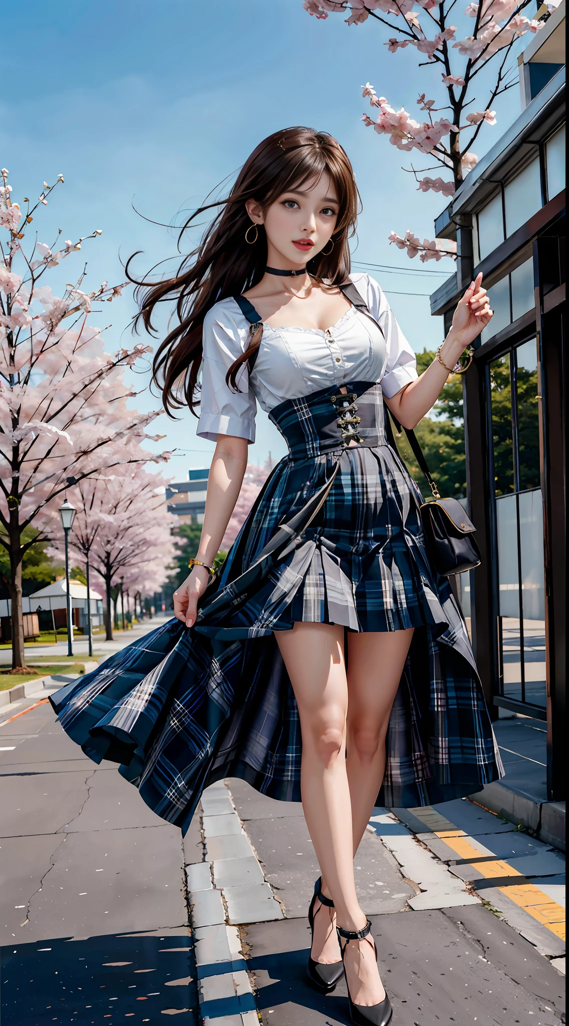 Masterpiece, Superb Piece, Full Body, 1Girl, Bangs, Black Choker, Black Tie, Black Hair, Blue Dress, Blush, Bracelet, Beautiful Breasts, Choker, Corsets, Collarbones, Collared Shirts, Denim Photos, Dress Shirts, Pierced Ears, Eyebrows Visible Through Hair, Gradient Hair, Grin, Gyaru, Jewelry, Kogal, Long Hair, Look at the Audience, Loose Tie, Tie, Piercing, Plaid Skirt, Plaid Skirt, Pleated Skirt, Red Eyes, Ring, School Uniform, Shirt, Skirt, Smile, Solo, white shirt, street, sky, cherry blossoms, petals, illustration, (magazine: 1.3), (cover style: 1.3), real, fashionable, woman, vitality, dressing, posing, front, colorful, dynamic, background, element, confident, expressive, holding, statement, attachment, majestic, coiled, around, touch, scene, text, cover, bold, eye-catching, title, fashion, font, catchy, title, bigger, eye-catching, modern, fashionable, focused, fashionable,