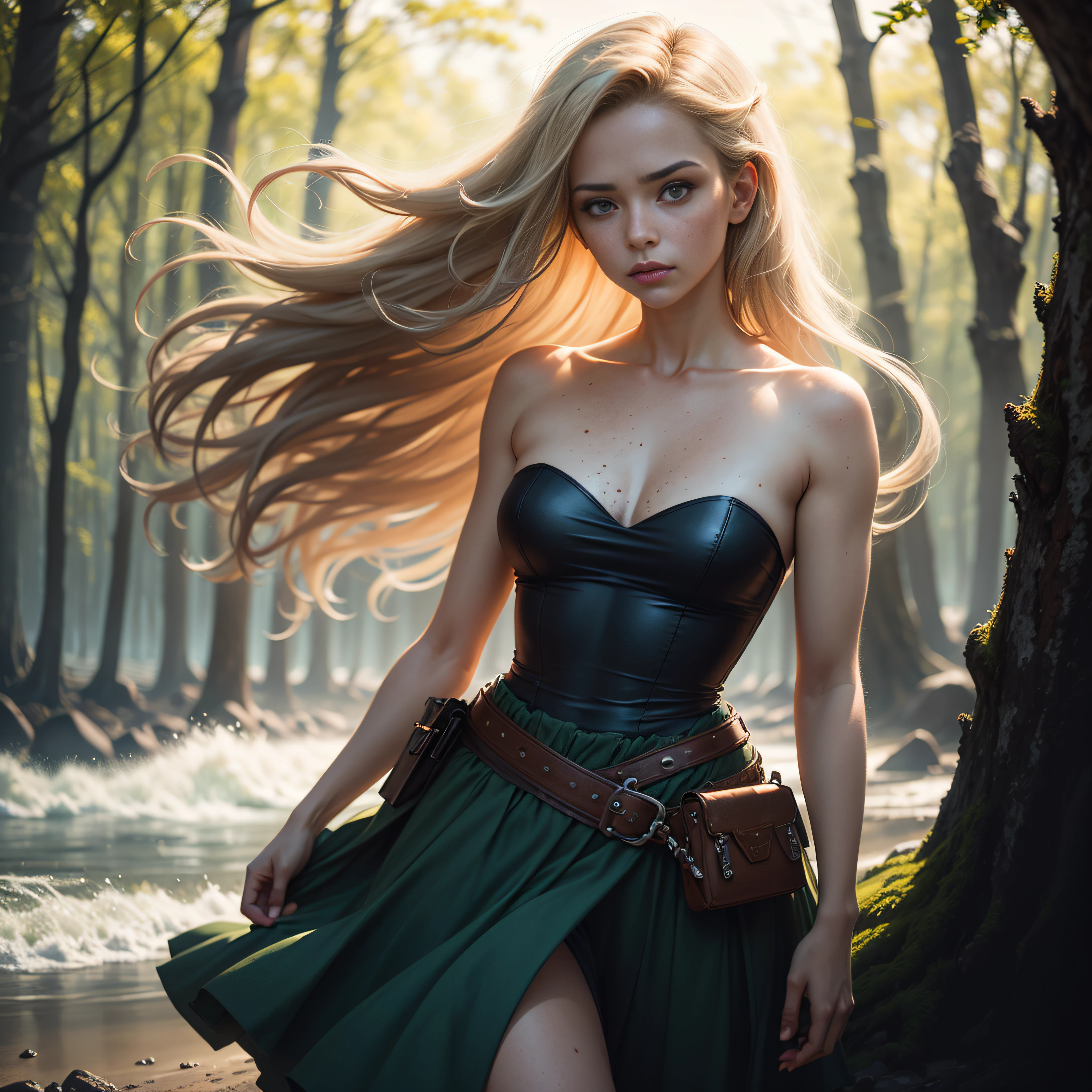 deep shadow, sinister, award winning photo, best quality, masterpiece, upper body, woman, freckled face, windblown blonde hair, emerald eyes, modern strapless dress by Jeremy Lipking, by Antonio J. Manzanedo, by lee jeffries nikon d850 film stock photograph 4 kodak portra 400 camera f1.6 lens rich colors hyper realistic lifelike texture dramatic lighting unreal engine trending on artstation cinestill 800, fisheye lens, Style-Kilt, windy beach, scottish loch, forest --auto