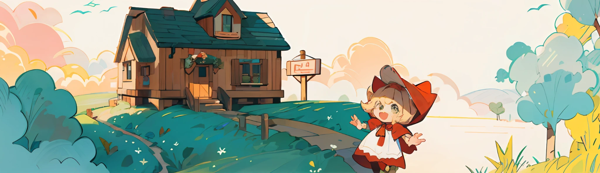 Red Riding Hood children's illustration, littleand mother wave goodbye, complete hands. Chalet and cute characters,,Storybook illustration,Kids illustration,Illustration,Storybook illustration,Color illustration,House and road,Parkway,Meadow,Sun,Full cartoon face,cute