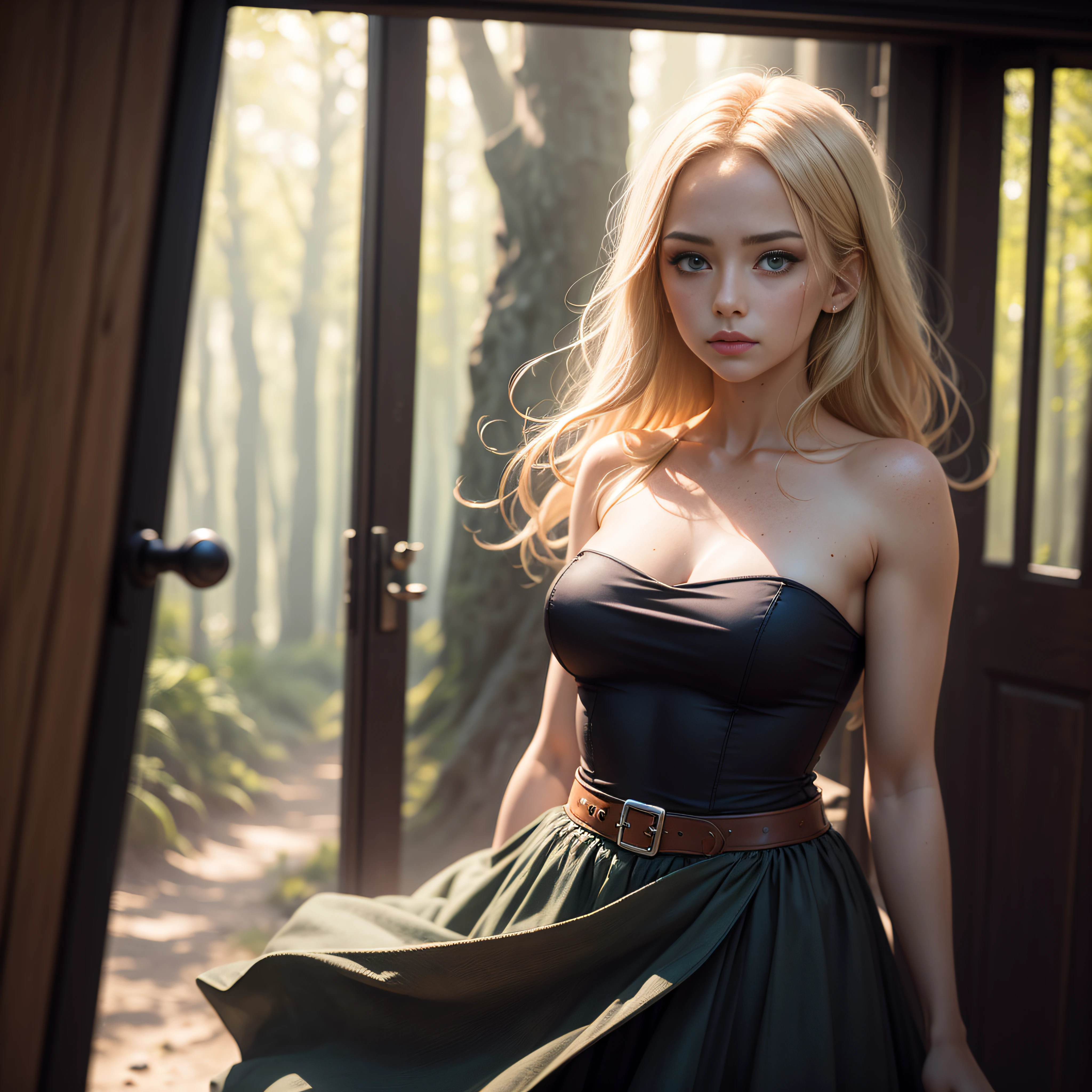 deep shadow, sinister, award winning photo, best quality, masterpiece, upper body, woman, freckled face, windblown blonde hair, emerald eyes, modern strapless dress by Jeremy Lipking, by Antonio J. Manzanedo, by lee jeffries nikon d850 film stock photograph 4 kodak portra 400 camera f1.6 lens rich colors hyper realistic lifelike texture dramatic lighting unreal engine trending on artstation cinestill 800, fisheye lens, Style-Kilt, windy beach, scottish loch, forest --auto
