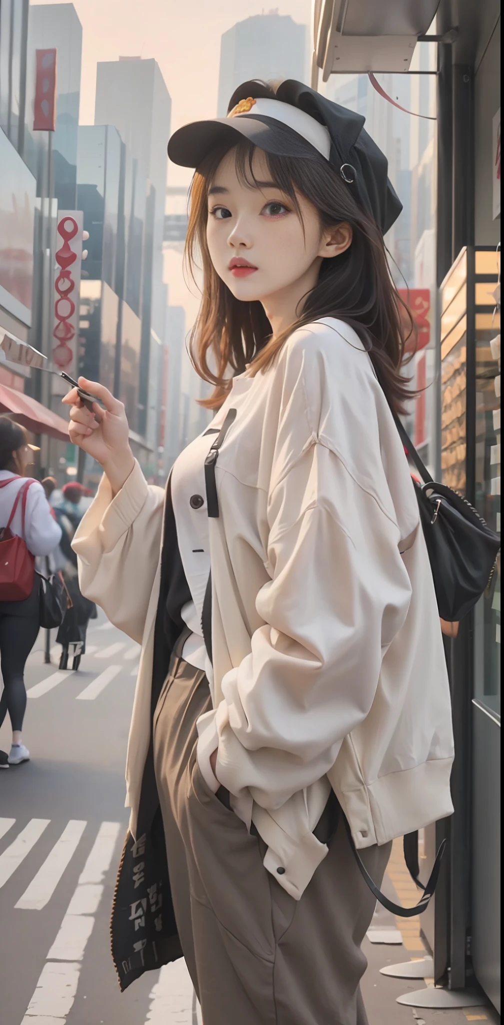 a woman standing in front of a food stand in a busy street, a picture inspired by Yuumei, unsplash contest winner, realism, korean girl, ulzzang, beautiful south korean woman, chinese girl, popular south korean makeup, korean women's fashion model, popular korean makeup, beautiful young korean woman, japanese city street fashion, korean woman, japanese streetwear