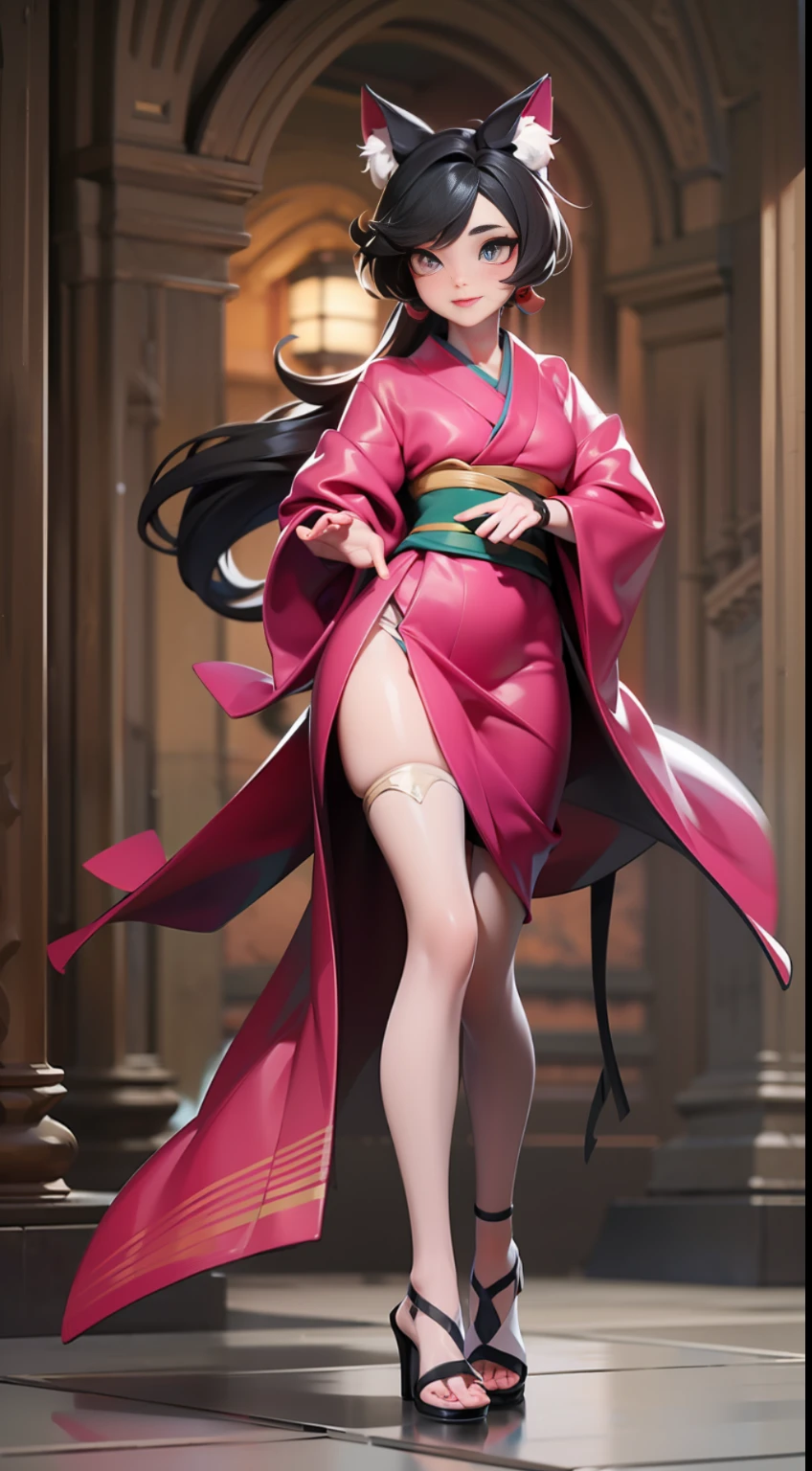 Full body photo Unreal Engine 5 8K UHD beautiful woman, short kimono with skirt, long gloves, luxurious accessories, high heels, cat ears, black hair, beautiful makeup, top quality, masterpiece