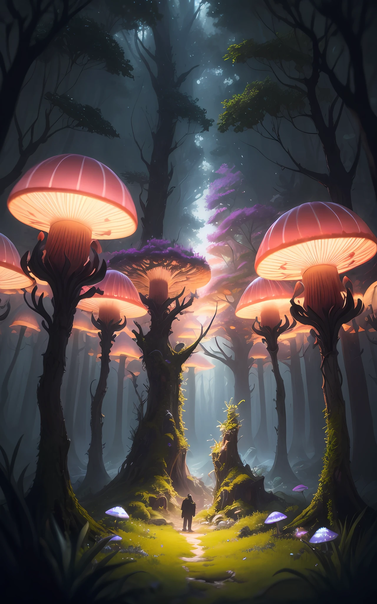 masterpiece, best quality, high quality,extremely detailed CG unity 8k wallpaper, An enchanting and dreamy scene of a fantasy forest, with towering trees, glowing mushrooms, and hidden fairy glens, creating a sense of mystique and enchantment, artstation, digital illustration, intricate, trending, pastel colors, oil paiting, award winning photography, Bokeh, Depth of Field, HDR, bloom, Chromatic Aberration ,Photorealistic,extremely detailed, trending on artstation, trending on CGsociety, Intricate, High Detail, dramatic, art by midjourney