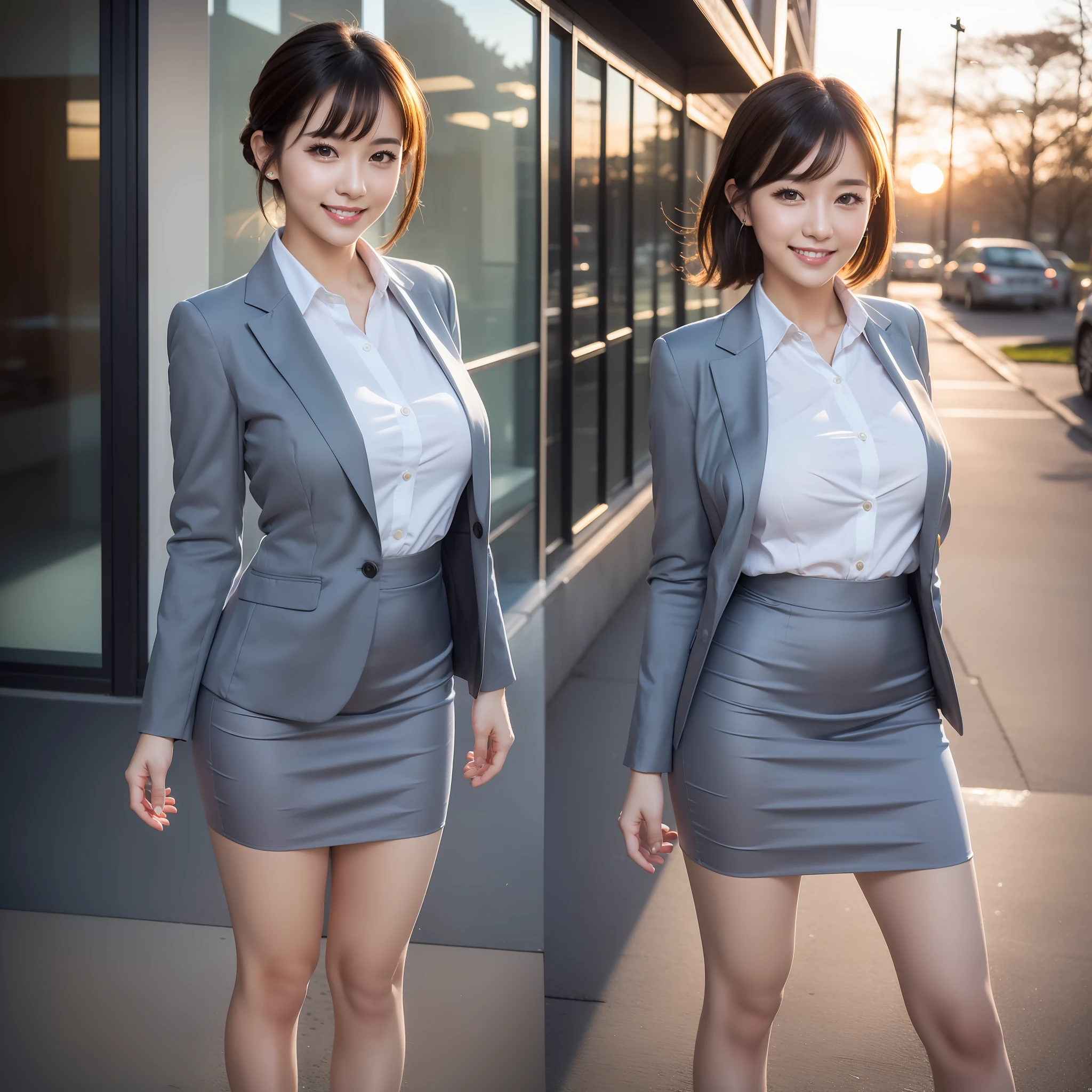 A close up of two women in business attire standing on a sidewalk ...
