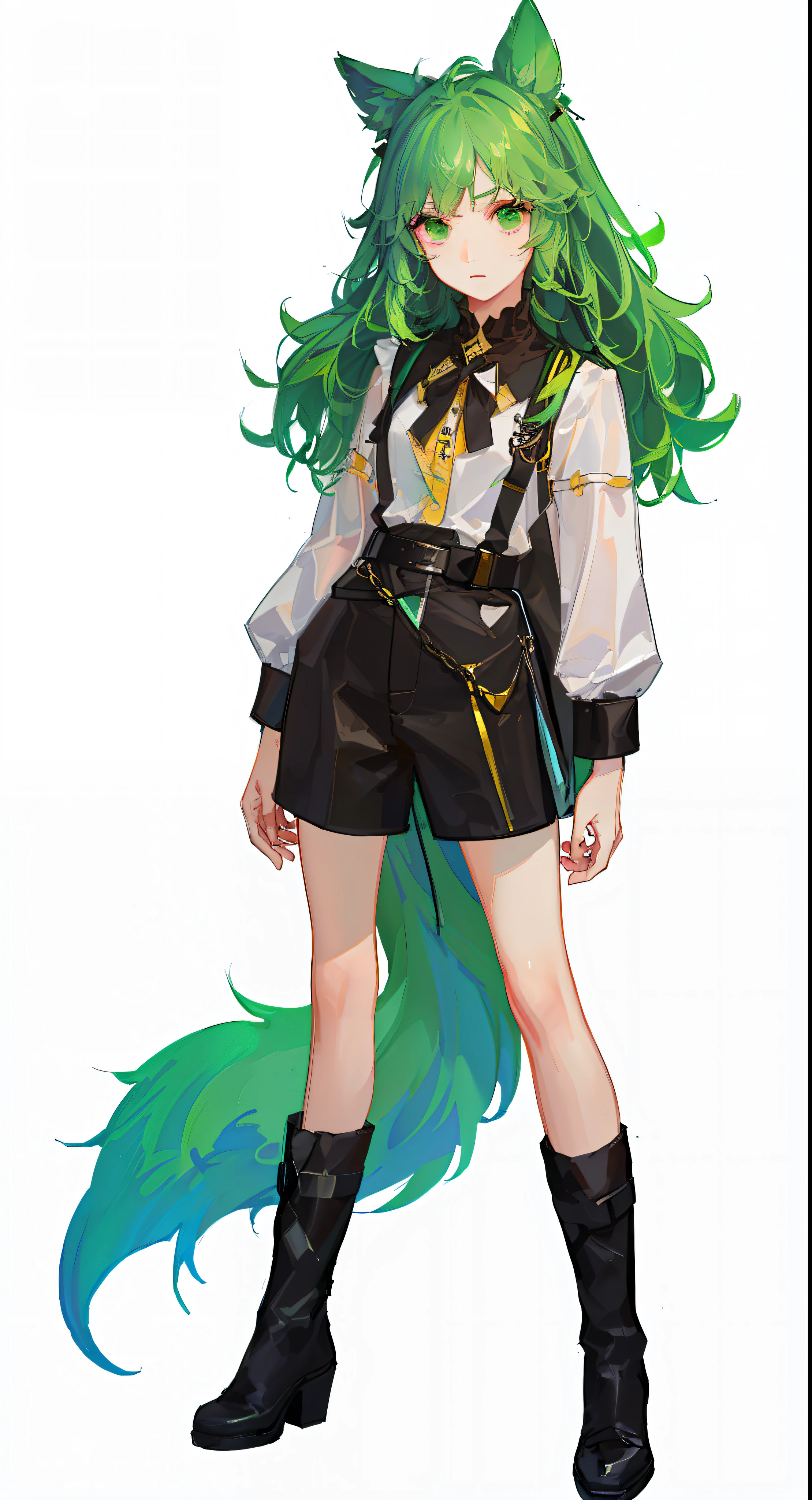 Anime character with green hair and black costume standing in front of white background,