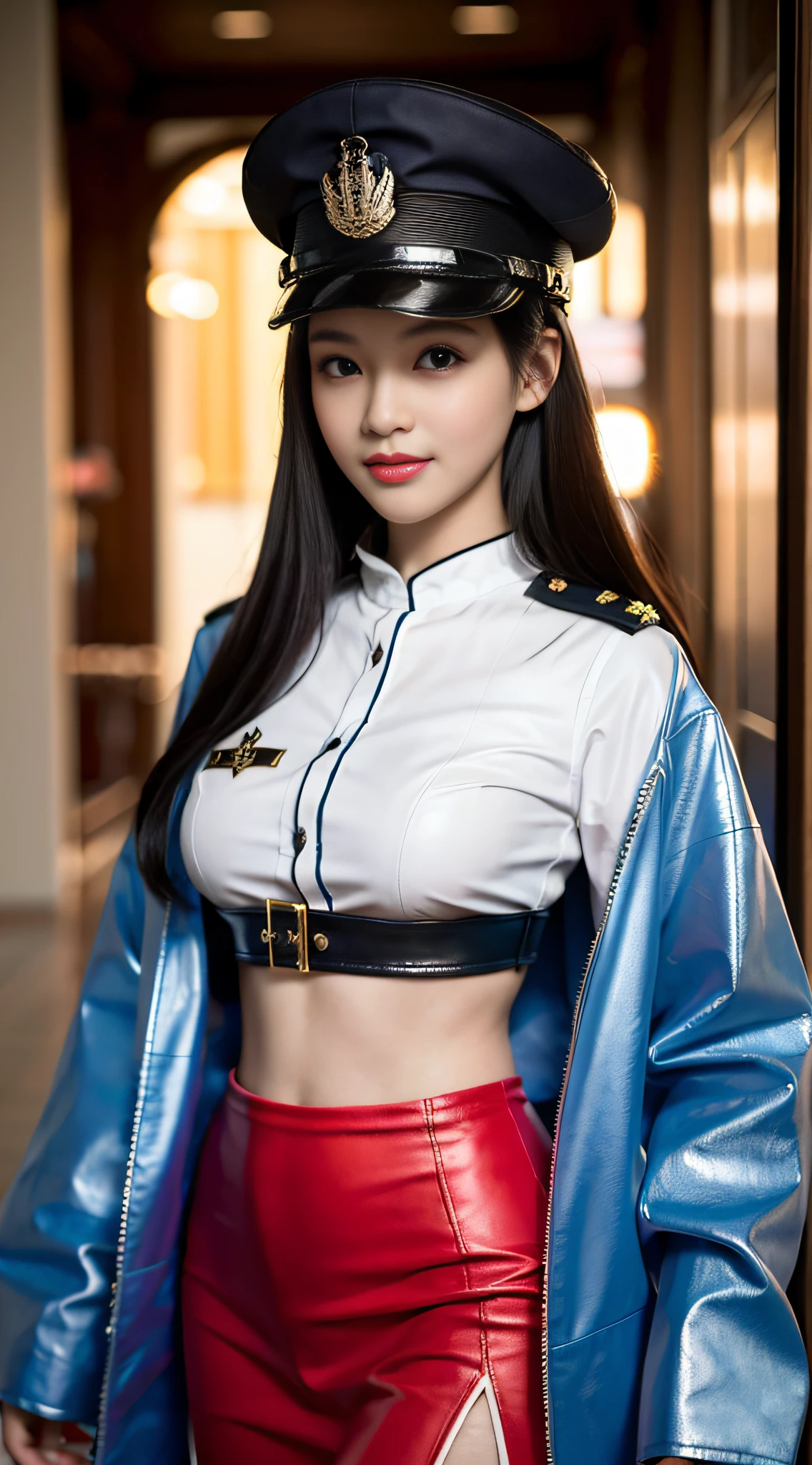 "Top CG, highest quality, smile, delicate and delicate beautiful girl, imperial pope, {{185cm big beauty}}, (tall), royal sister, military lady temperament, holy pope, fair skin, exposed chest, long legs, perfect facial features, bright eyes, officer hat, red lips, beautiful and cold, {{big breasts}}, beautiful and handsome, long blue hair, officer epaulettes, see-through visible skin, {{girl in red army coat}}, super detailed, { Blue lines on clothes}, delicate glowing eyes, crop top, white and blue leather clothing, tight leather clothing, 4K picture quality, urban beauty, modern urban, realistic portrait,