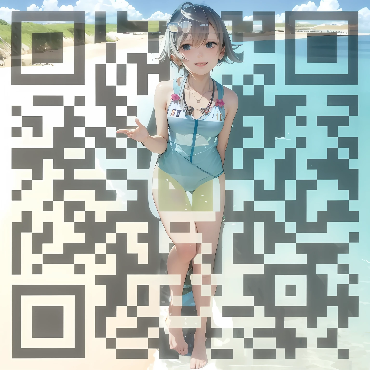 a close up of a person in a swim suit on a beach, scan, hololive, zerochan, is wearing a swimsuit, high quality scan, at pixiv, kantai collection style, fullbody commission for, detailed scan, negao, けもの, at a beach, in the beach, swimsuit, pixiv, telegram sticker