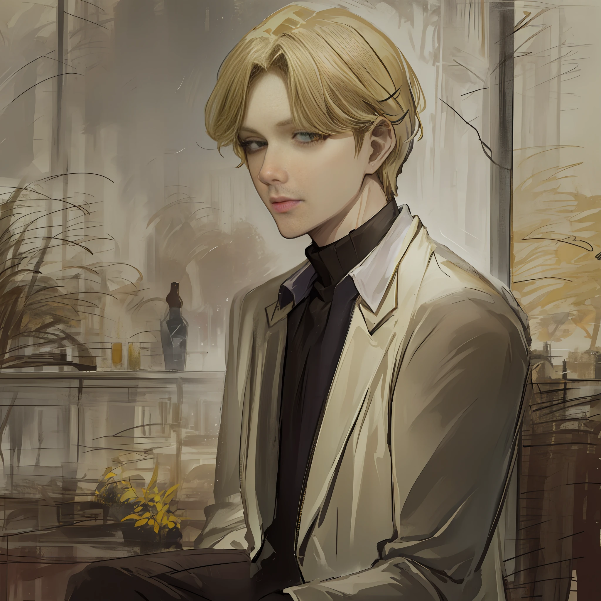 photo of a cool boy ,face of Johan Liebert ,highlighted blonde hair , detailed brown eyes ,skin pores,skin texture, sitting outside of restaurant,dark, night view , manipulator personality,cool poses