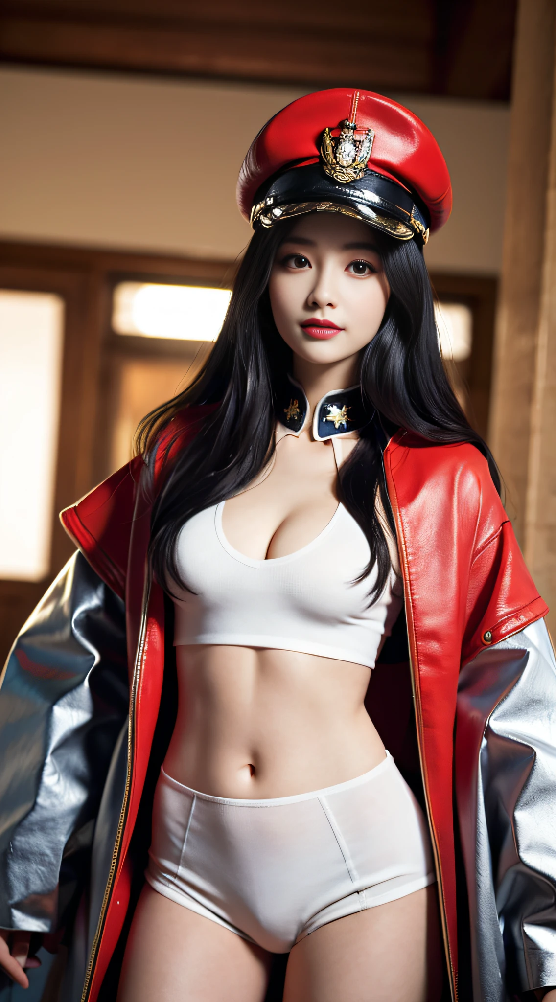 "Top CG, highest quality, smile, delicate and delicate beautiful girl, imperial pope, {{185cm big beauty}}, (tall), royal sister, military lady temperament, holy pope, fair skin, exposed chest, long legs, perfect facial features, bright eyes, officer hat, red lips, beautiful and cold, {{big breasts}}, beautiful and handsome, long blue hair, officer epaulettes, see-through visible skin, {{girl in red army coat}}, super detailed, { Blue lines on clothes}, delicate glowing eyes, crop top, white and blue leather clothing, tight leather clothing, 4K picture quality, urban beauty, modern urban, realistic portrait,