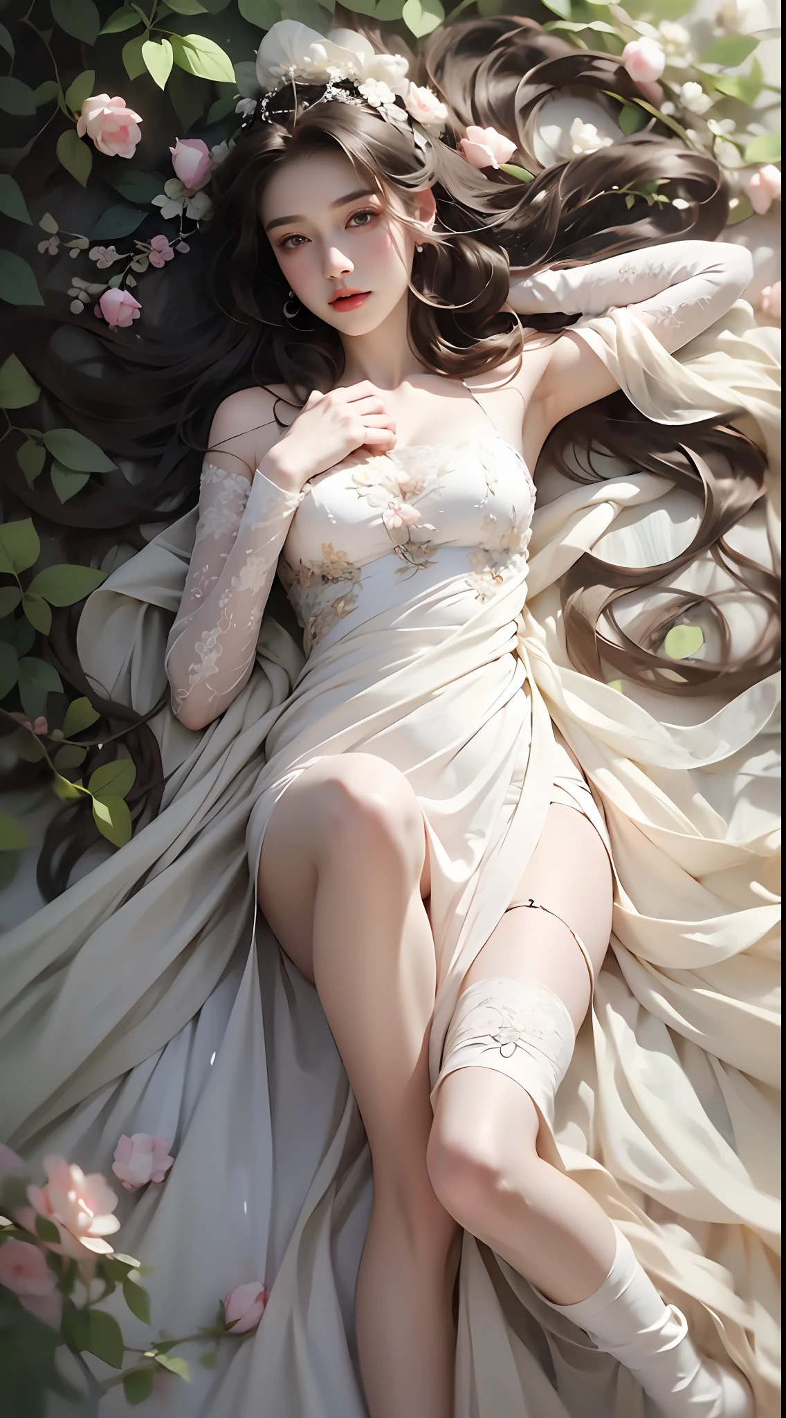 1 girl, full body photo, flaxen hair, flowing hair, hazy beauty, extremely beautiful facial features, white embroidered dress, hairpins on her head, lying in a bush, hand dragging chin, perfect hand, roses, (spring, rainy day, butterfly, cliff), simple vector art, contemporary Chinese art, soft light, entangled scarf, looking down