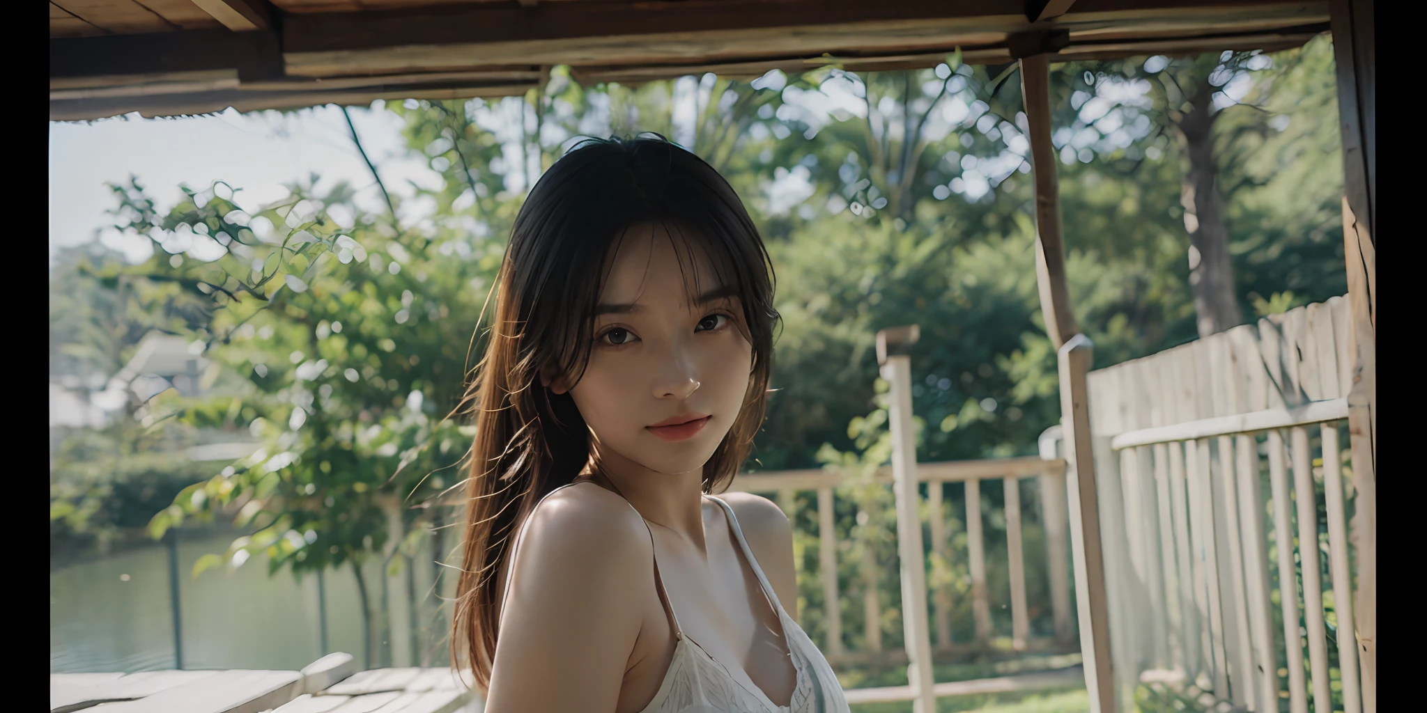 Best Quality, Masterpiece, Ultra High Resolution, (Realistic: 1.4), Original Photo, Head Photo, Skin, Simple Background, Black Eyes, Detail, Selfie, 1 Girl, Summer, Breeze, Sunlight, Quiet, Enjoy, Bright, Look at the viewer