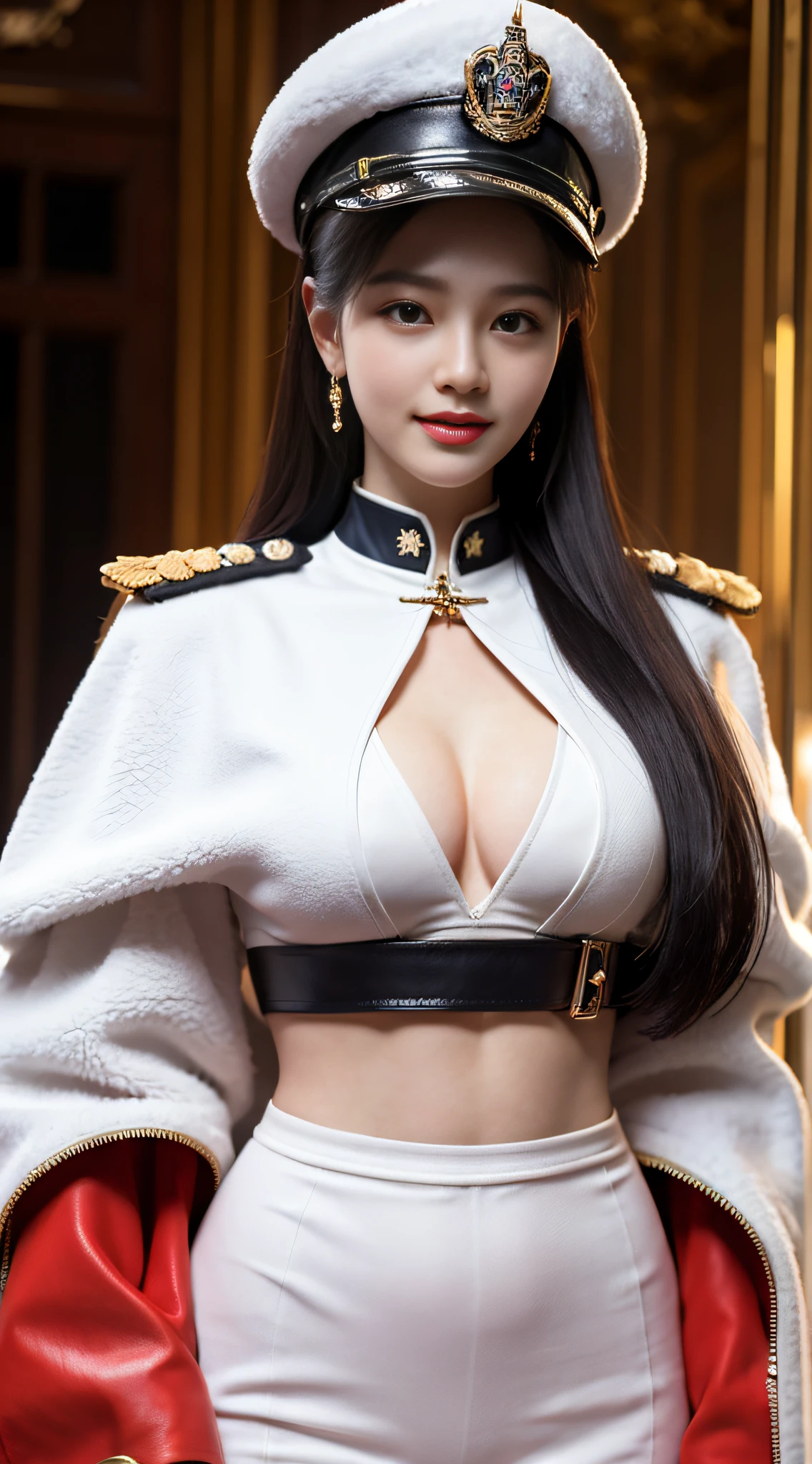 "Top CG, highest quality, smile, delicate and delicate beautiful girl, imperial pope, {{185cm big beauty}}, (tall), royal sister, military lady temperament, holy pope, fair skin, exposed chest, long legs, perfect facial features, bright eyes, officer hat, red lips, beautiful and cold, {{big breasts}}, beautiful and handsome, long blue hair, officer epaulettes, see-through visible skin, {{girl in red army coat}}, super detailed, { Blue lines on clothes}, delicate glowing eyes, crop top, white and blue leather clothing, tight leather clothing, 4K picture quality, urban beauty, modern urban, realistic portrait,