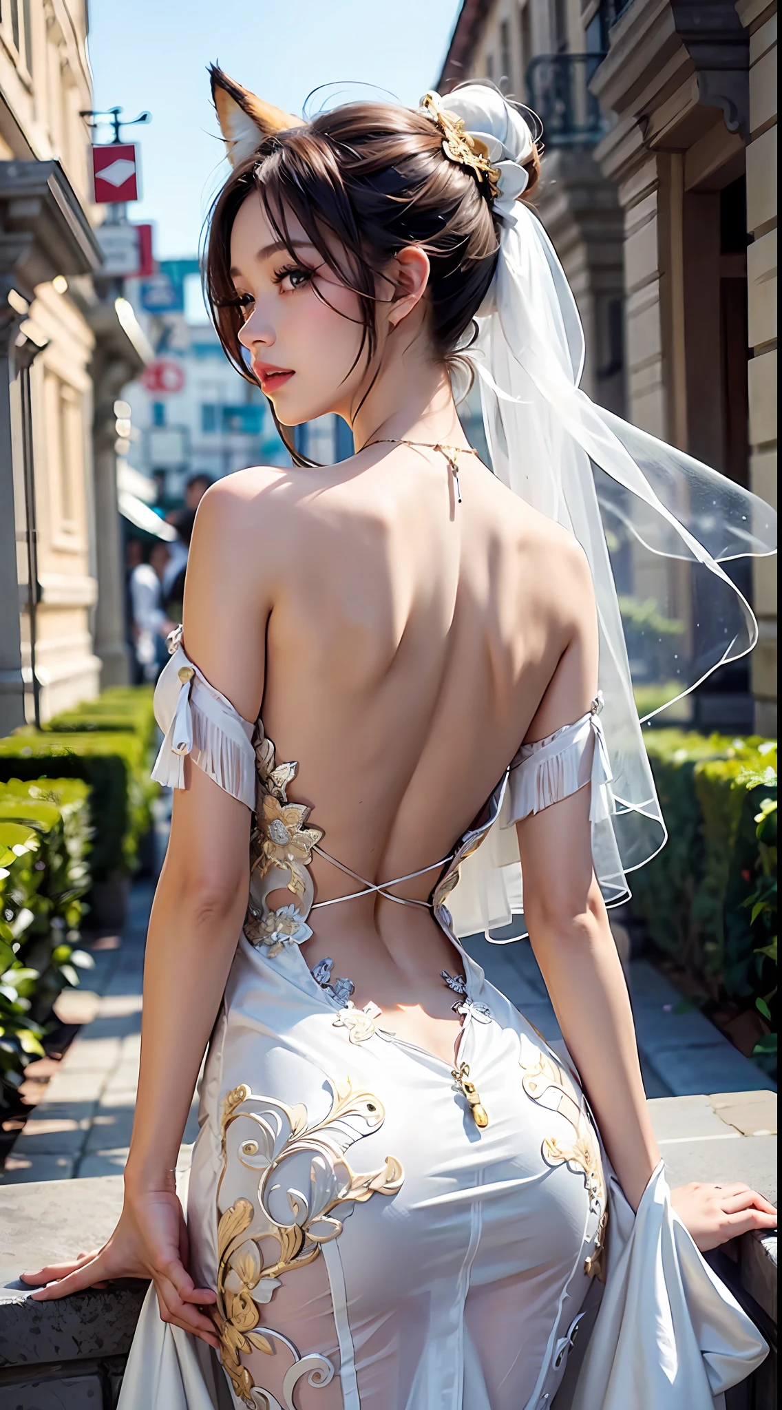 A pure girl, tall, fox ears, backless wedding dress, golden high ponytail, light, eyes looking ahead, outdoors, hands behind her back, sexy, showing beauty, white sneakers, tassels,