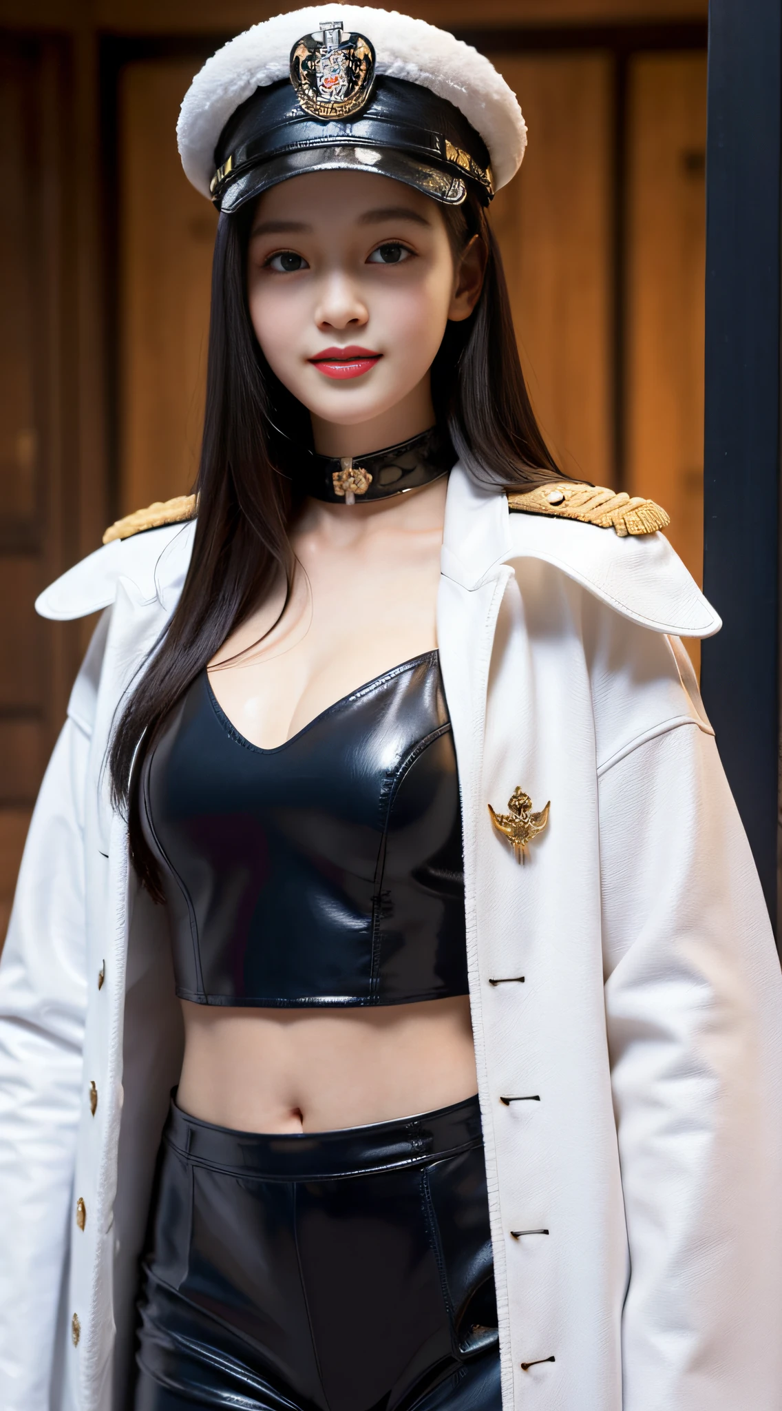 "Top CG, highest quality, smile, delicate and delicate beautiful girl, imperial pope, {{185cm big beauty}}, (tall), royal sister, military lady temperament, holy pope, fair skin, exposed chest, long legs, perfect facial features, bright eyes, officer hat, red lips, beautiful and cold, {{big breasts}}, beautiful and handsome, long blue hair, officer epaulettes, see-through visible skin, {{girl in red army coat}}, super detailed, { Blue lines on clothes}, delicate glowing eyes, crop top, white and blue leather clothing, tight leather clothing, 4K picture quality, urban beauty, modern urban, realistic portrait,