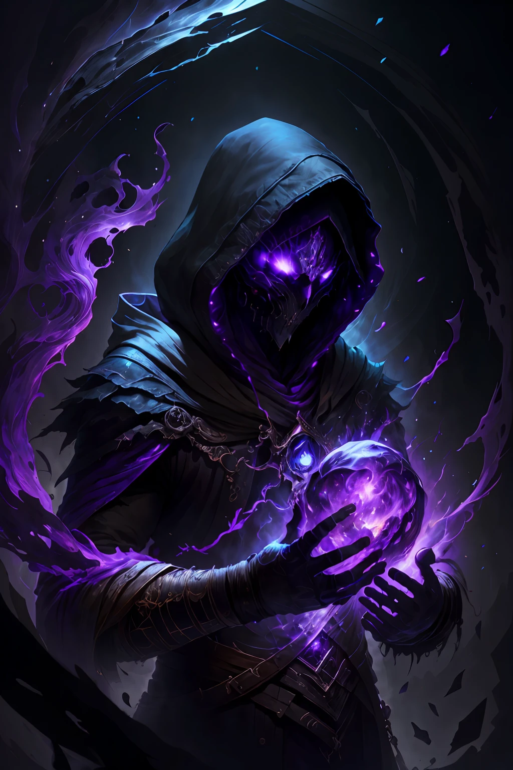solo, blue eyes, 1boy, upper body, male focus, skull, hood, mask, glowing, fire, black background, gauntlets, cloak, 1other, hood up