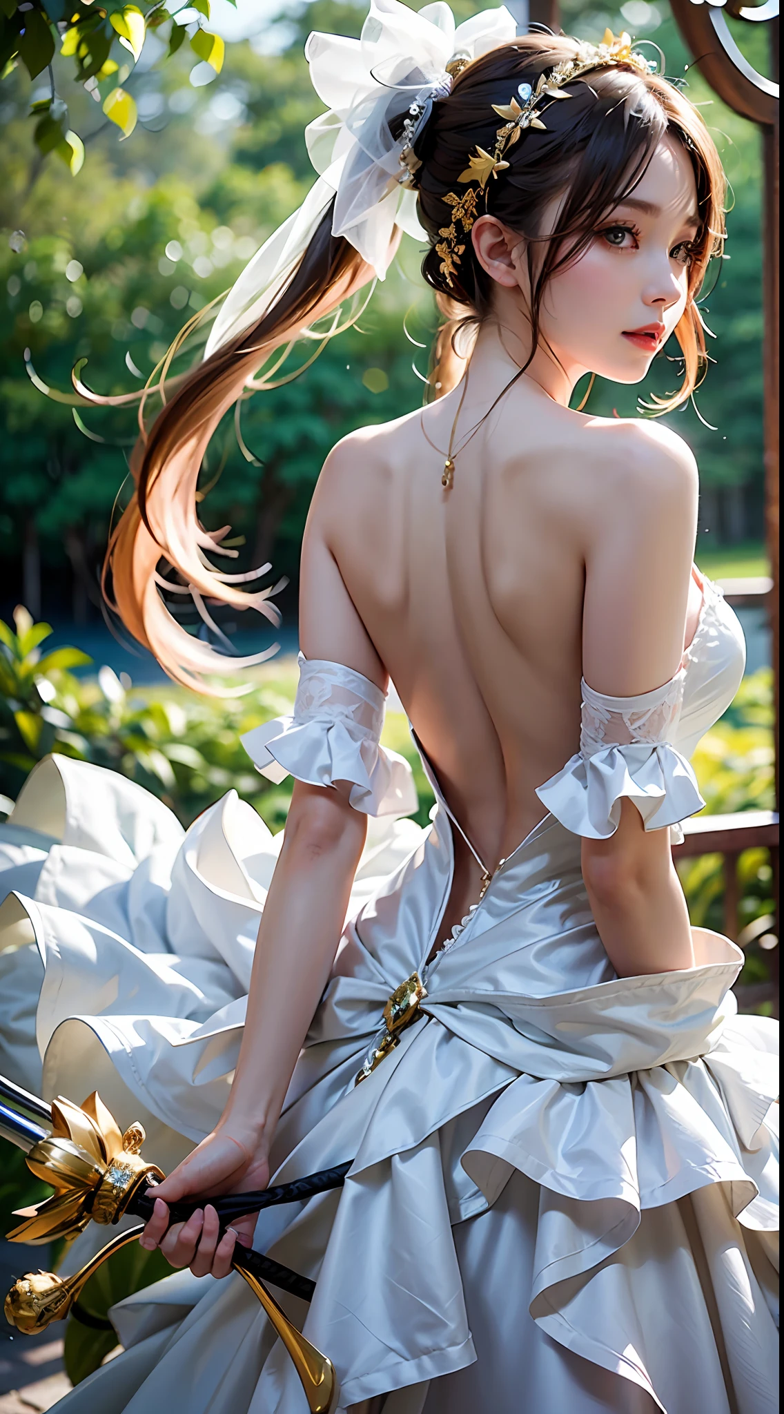 A pure girl, tall, fox ears, backless wedding dress, golden high ponytail, light, eyes looking ahead, outdoors, hands behind her back, sexy, showing beauty, white sneakers, tassels,
