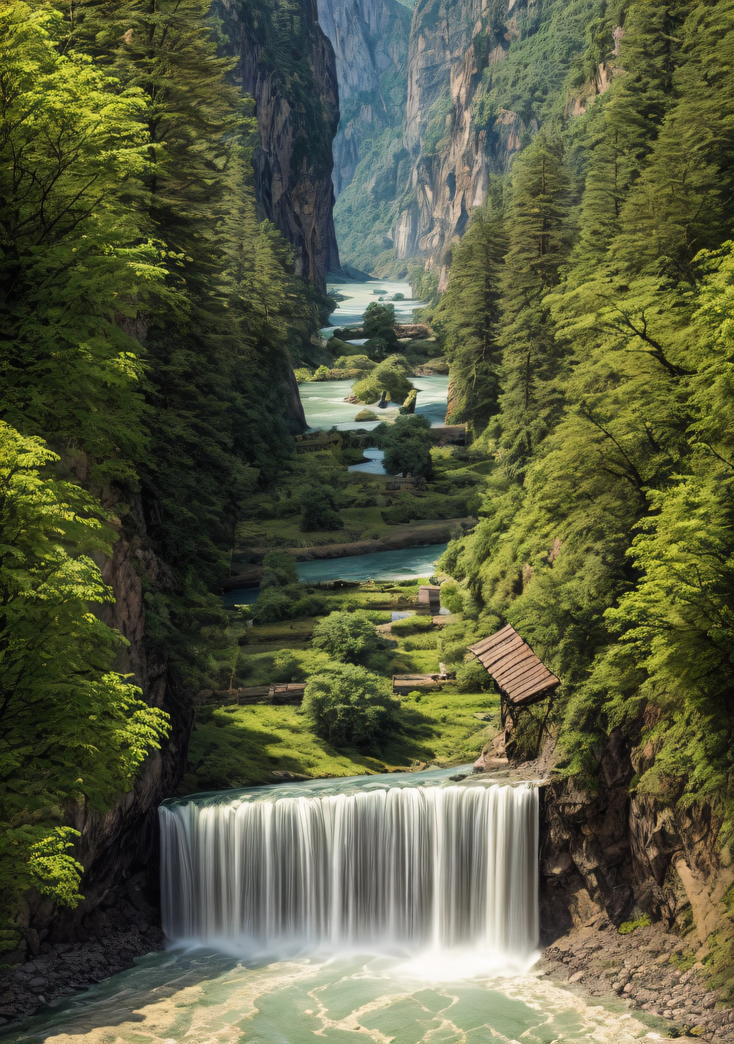 A painting of a river flowing through a valley, surrounded by mountains and flowers, in the foreground is a valley with a river running through it, caves, forests, lakes, landscapes, lightning, mountains, nature, no people, rivers, landscapes, trees, water, waterfalls, real photos