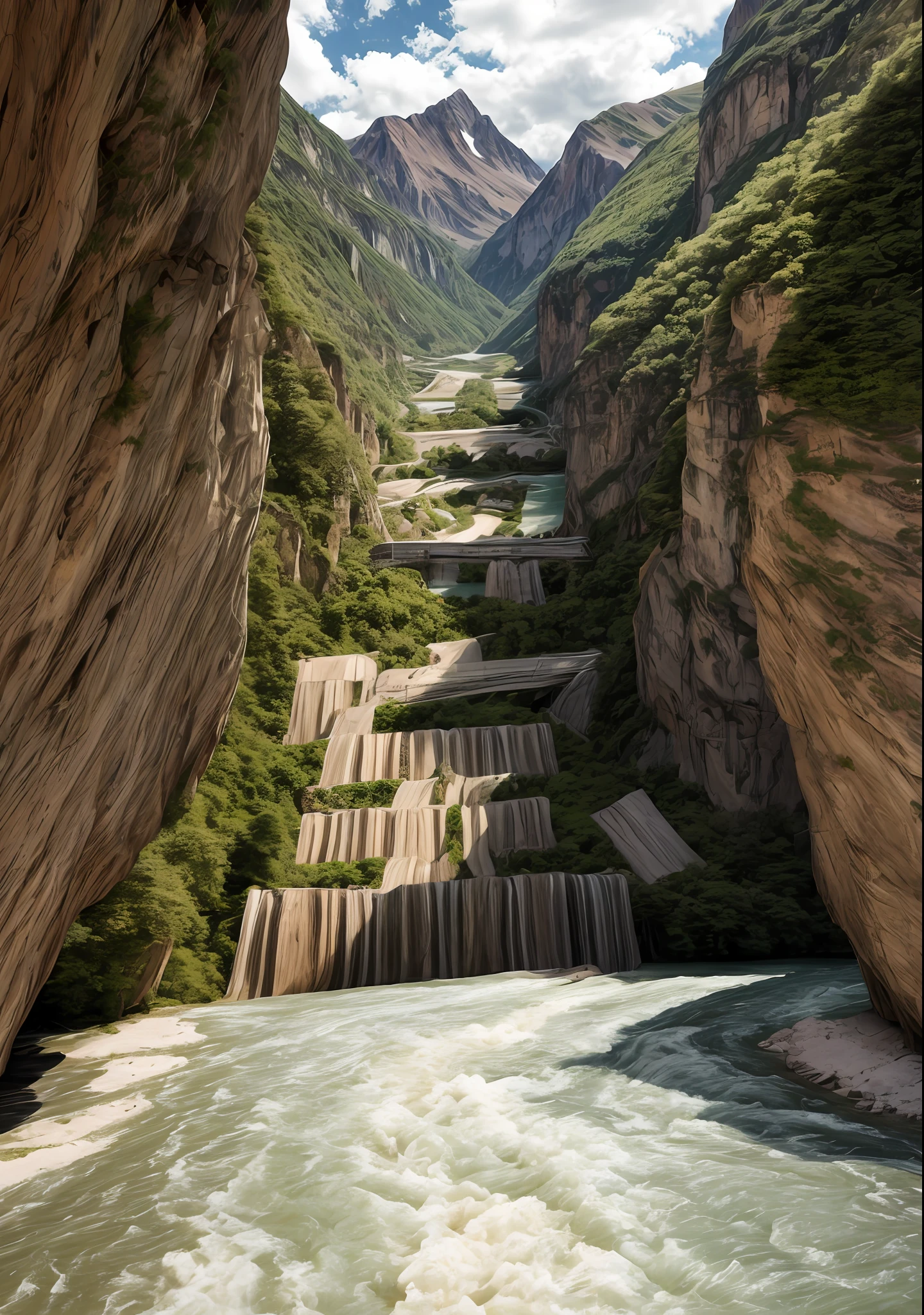 A painting of a river flowing through a valley, surrounded by mountains and flowers, in the foreground is a valley with a river running through it, caves, forests, lakes, landscapes, lightning, mountains, nature, no people, rivers, landscapes, trees, water, waterfalls, real photos