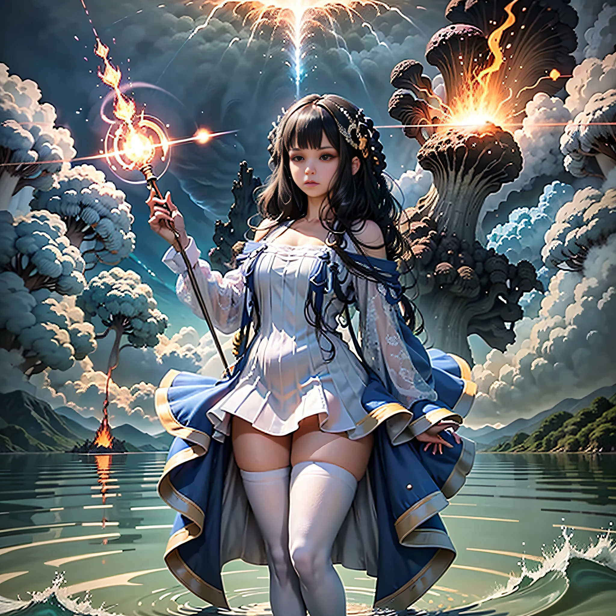 A beautiful girl in a mage dress, standing in the middle of the lake. Tall, perfectly fit, holding various light wands, spell-casting stances, air waves, huge meteorites, huge volcanic eruptions in the distance, ocean waves, shock waves, magma, Bolides, backs, mushroom clouds,