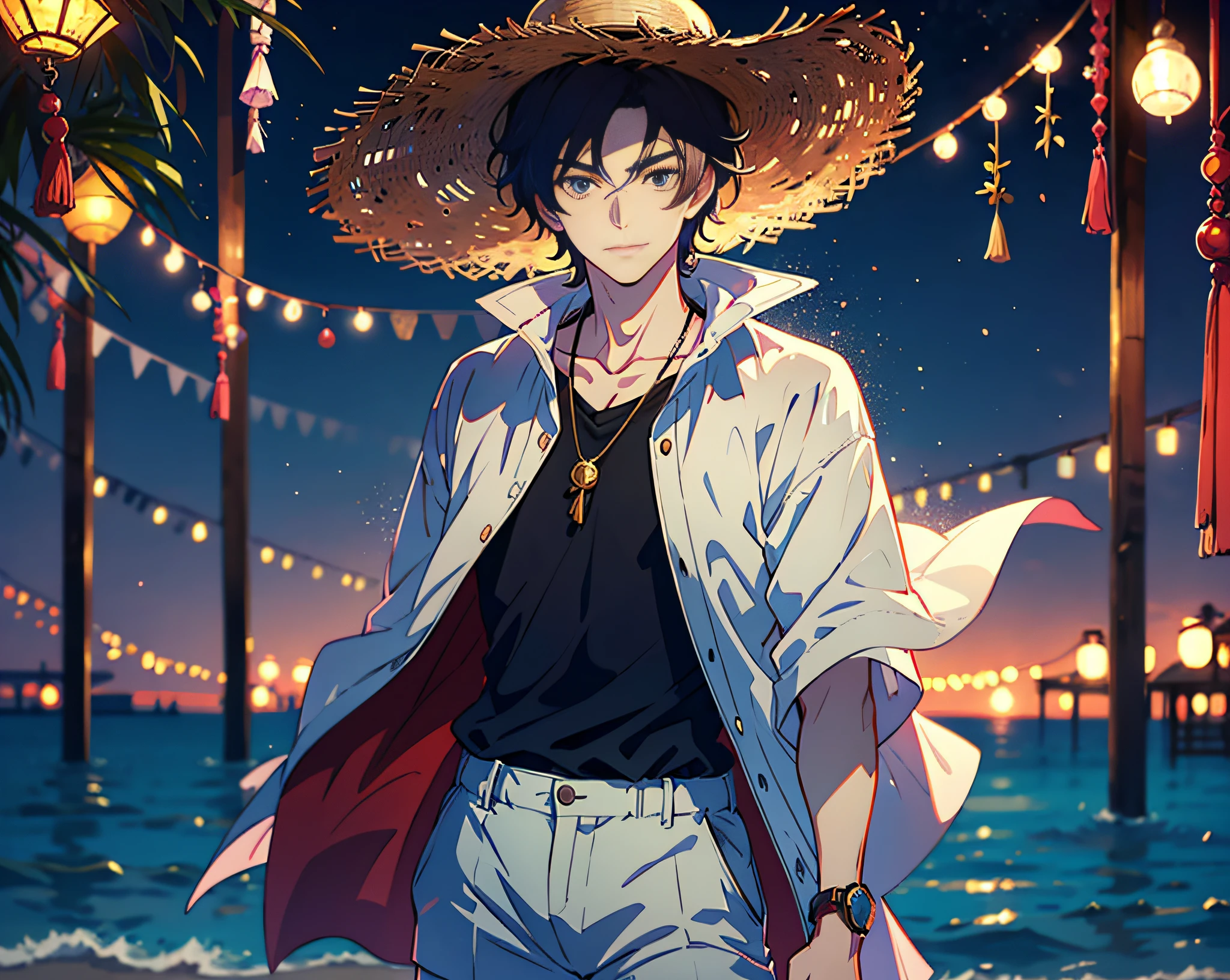Brunette boy, mature man, short-sleeved shorts, wearing a long cape, a straw hat with two streamers and countless wind chimes, a bad smile, a fishing rod in his hand, caught a shark, the background is the seaside, there are shabby yachts on the beach, dark night, lights, ultra-wide angle, depth of field, anime style 4K, anime rendering, anime style.