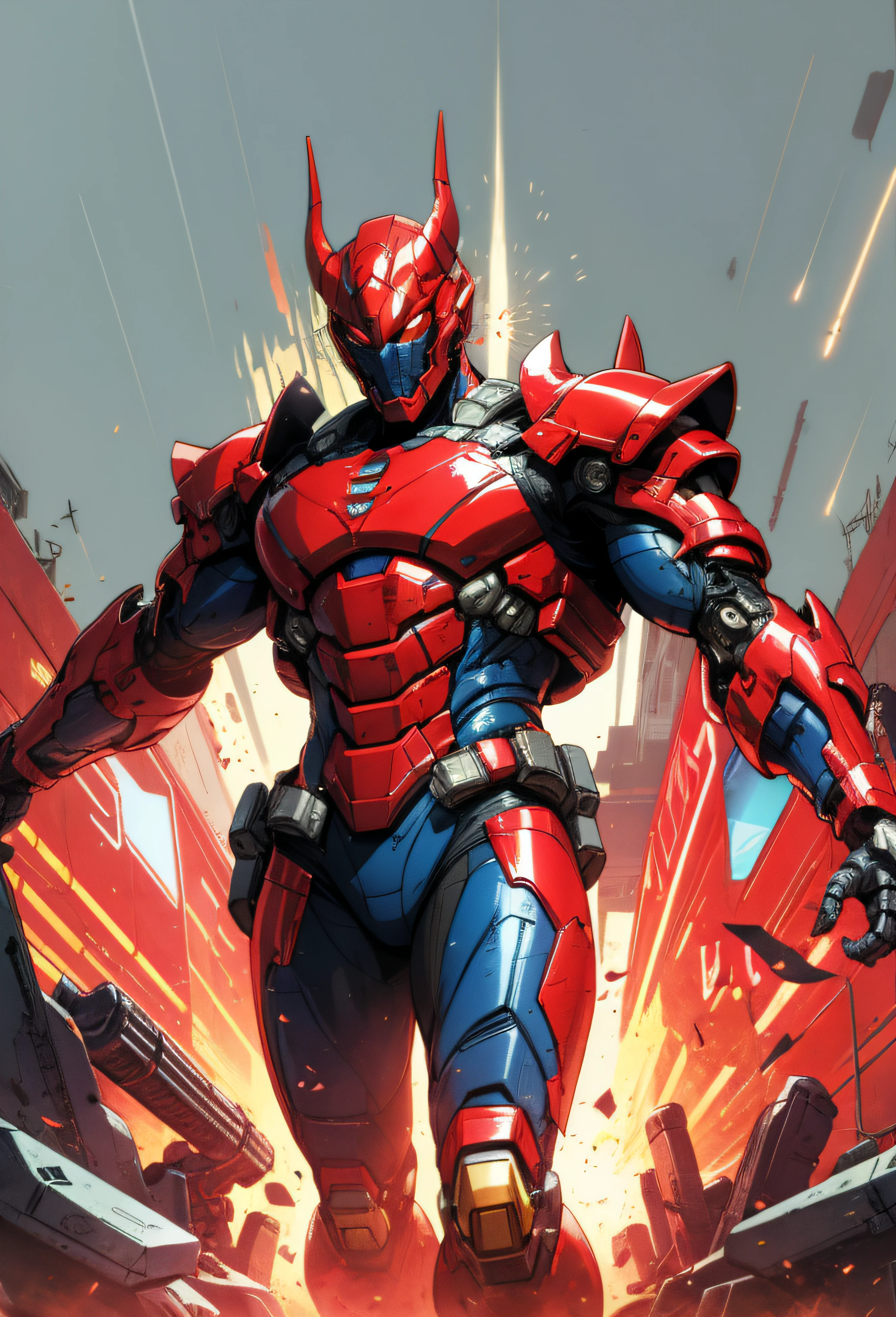anime style, ray tracing, stereogram, 8k, super detail, ccurate, best quality, super detail, textured skin, comic book cover image with red and blue characters, muscle, male, wearing red half-face mask, red demon armor, red surface smooth armor, smooth blue latex tights, science fiction, armor, delicate facial features, Color transition natural, cyberpunk background, neon, industrial