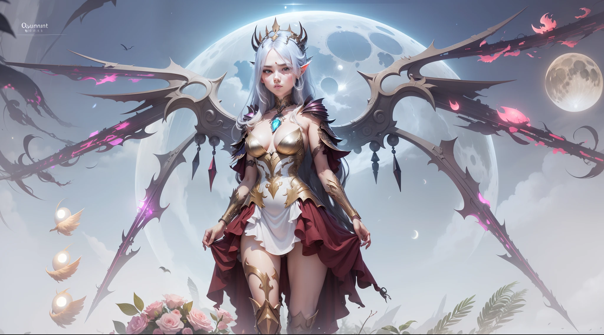 There is a demon queen with 2 cyborg wings in a beautiful high-resolution dress, with a stunning face and a moon in the background.