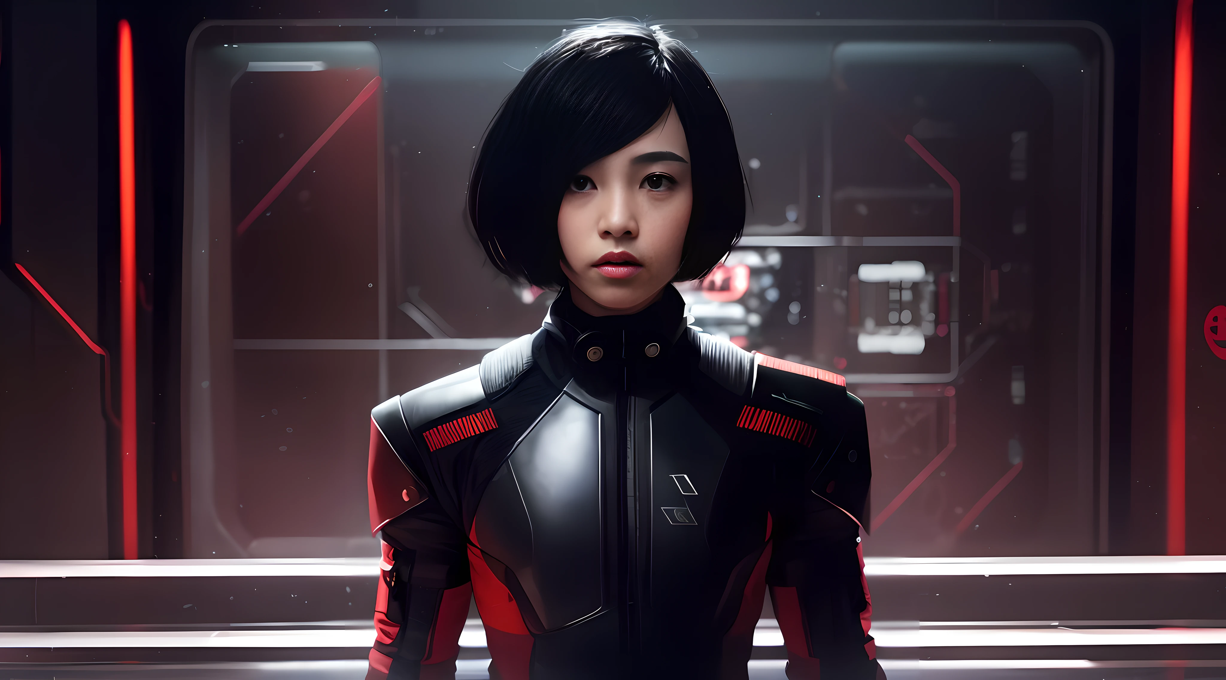 fking_scifi, award-winning photo of a teenager, red embellished black combat suit, black hair, (black eyes: 1.35), Chinese 18-year-old teenager, short hair, asymmetrical face, standing in front of the window of the spaceship, full body, 80mm, background blur, mass effect, fking_cinema_v2
