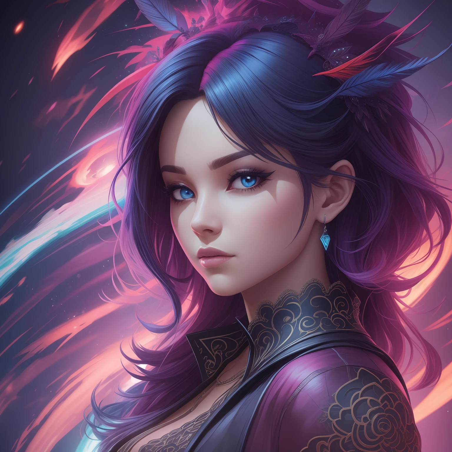 Woman Nebulosa Galaxy, T-Shirt Art, T-Shirt Design, Shirt Print, Splash art, style, portrait poster, Adobe Illustrator, Vector, 3D Illustration, Abstract Art, Print illustrations, Dark Background, Vibrant Color, Very Colorful, Trendy Colorful Gradient, Centered, Front View, Hyper Detailed, Photorealistic Rendering, 8k HD, Focused, Super Detailed, head feathers, Intricately Detailed Splash Art Triadic Color Trend Artstation Unreal Engine 5 Volumetric Lighting, Gothic , High resolution, close-up, ambient light, Nikon 15mm f/1.8G, by GIlSam-paio octane rendering depicting innovation and truth, 8k, glamour, intricate detailed environment, lace, smudges , ornate, unreal engine, fantastica