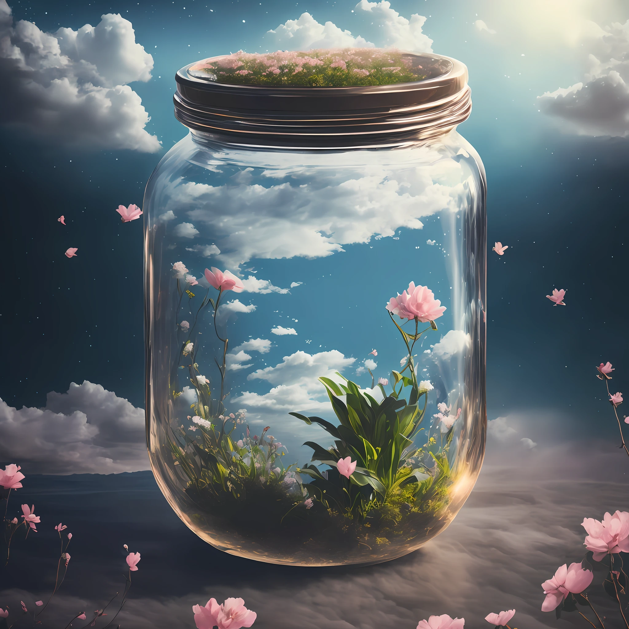 ((There is a jar, there must be a jar, there is a background, the jar is pink, super detailed, intricate details, there are girls inside the jar)) 1girl, a distant girl kiss girl in a kimono gazing at the stars, (zoom out: 1.1), (meteor shower: 1.2), (comet: 1.1), your name, low angle, from behind, Northern Lights, shooting stars, yukata, red kimono, cherry blossoms, standing in the field, best quality, masterpiece, clouds, colorful, starry, stars,