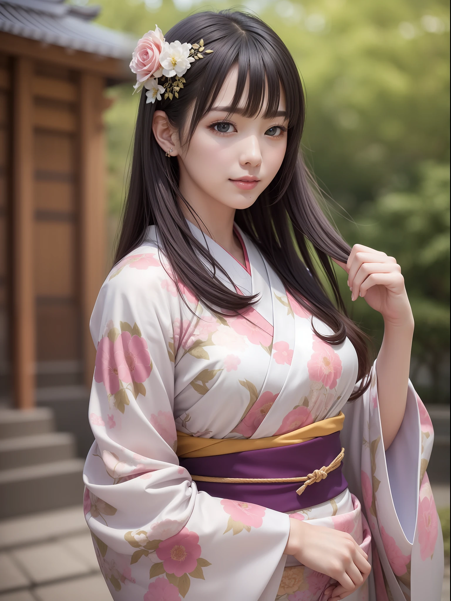 Masterpiece, Best quality, (((Realistic, Photorealistic:1.37)))), (1 person)), 8k, Very delicate and beautiful, Wonderful, Official art with attention to detail, Ridiculous, Incredibly ridiculous, Huge file size, Ultra detailed, Very detailed, (pretty girl), (Detailed girl), Very detailed eyes and face, Beautiful detailed eyes, Light makeup, (1 girl), (perfect female figure), (big), slim waist, (big ass), (Japan beauty), ((full body)), with bangs, feminine look, gentle smile, (furisode), (Japan kimono), (20years old), Japan garden,