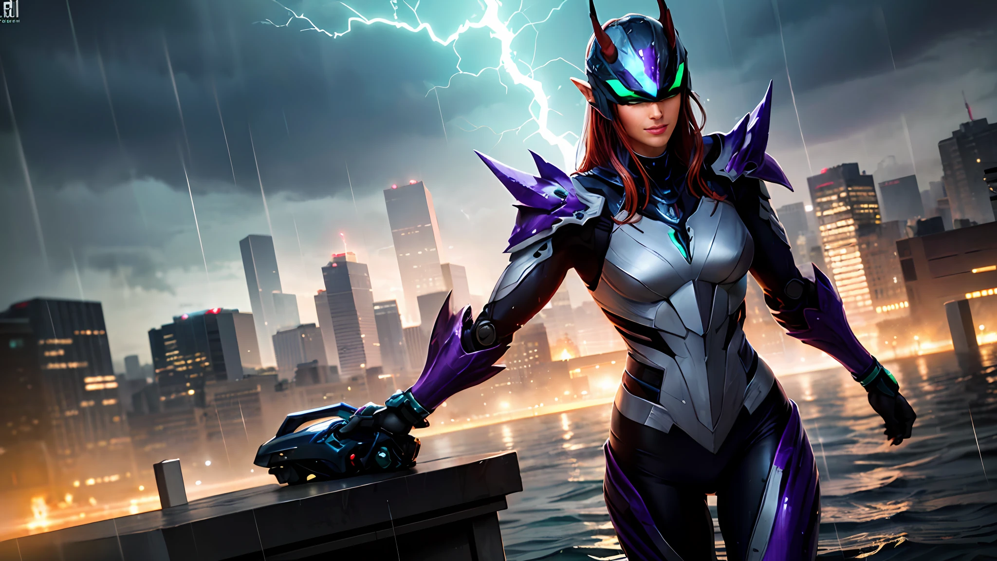 Masterpiece, High Resolution, Realistic, Best Quality, 8K, Best Quality, Ultra Detailed, Perfect Lighting, Cinematic Lighting, 1girl, Spark, Glow Eyes, Portrait, (Night: 1.1), Storm, (Rain: 1.3), Clouds, Thunderstorm, Lights, Looking at the Audience, Smile, Upper Body, Skyscraper, (City: 0.9), (Purple Clothes: 1.3), Lightning, Crimson Hair, Wet, Sweat, Water, Wet Hair, Roof, Wet Clothes, Upper Body, Wet Hair, Fog, Bare Shoulders, Gems, Green, Ocean, Water, Waves, Male, Gauntlet, Horizon, Road Bike, Elves, (Illustration: 1.0), CG, Armor, False Horn, Glow, Full Armor, Warframe, humanoid_robot, Horn, Helmet, Mask, sample_background, Weapon, Monster, blue_armor, Look at the Audience, Solo, Perspective