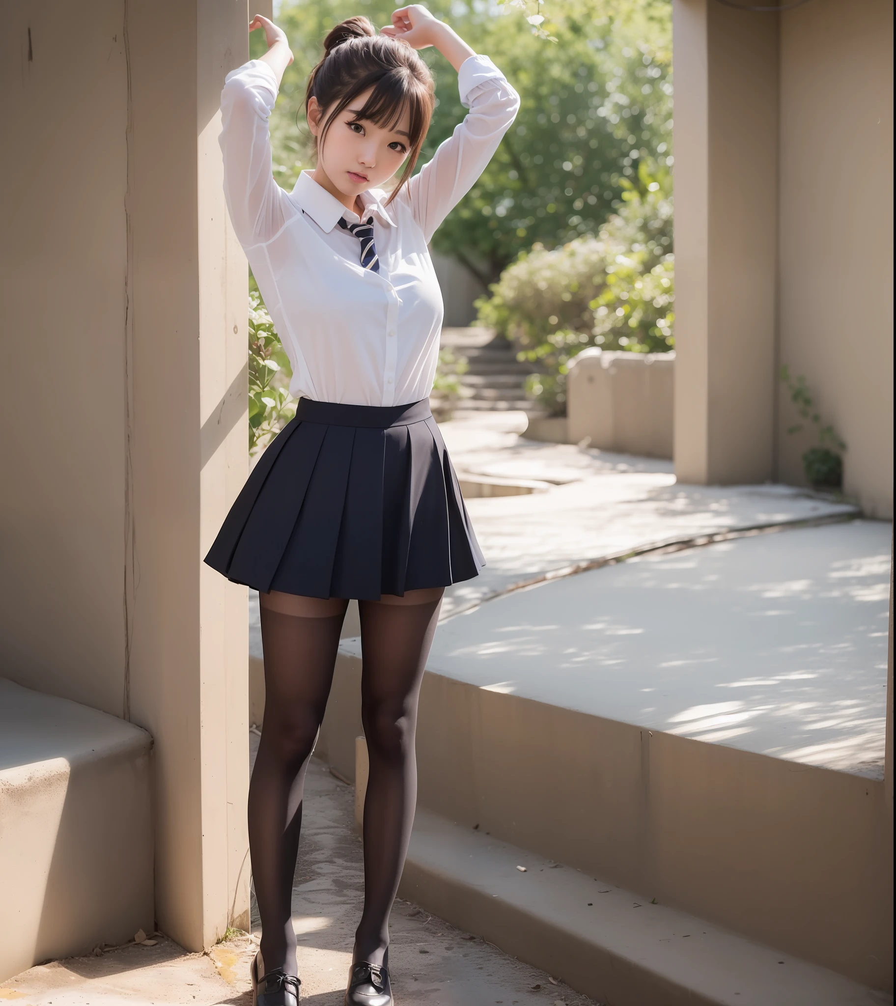 Japan pretty girl, (Real, Hi-Res: 1.4), 1 girl, (natural light), (more face, more hair, more skin), (middle chest), (open mouth: 1.1), big eyes, slender, leg, mid-waist, full body shot,(school uniform: 1.1),(black pantyhose),ponytail,(arms up:1.4),basement,