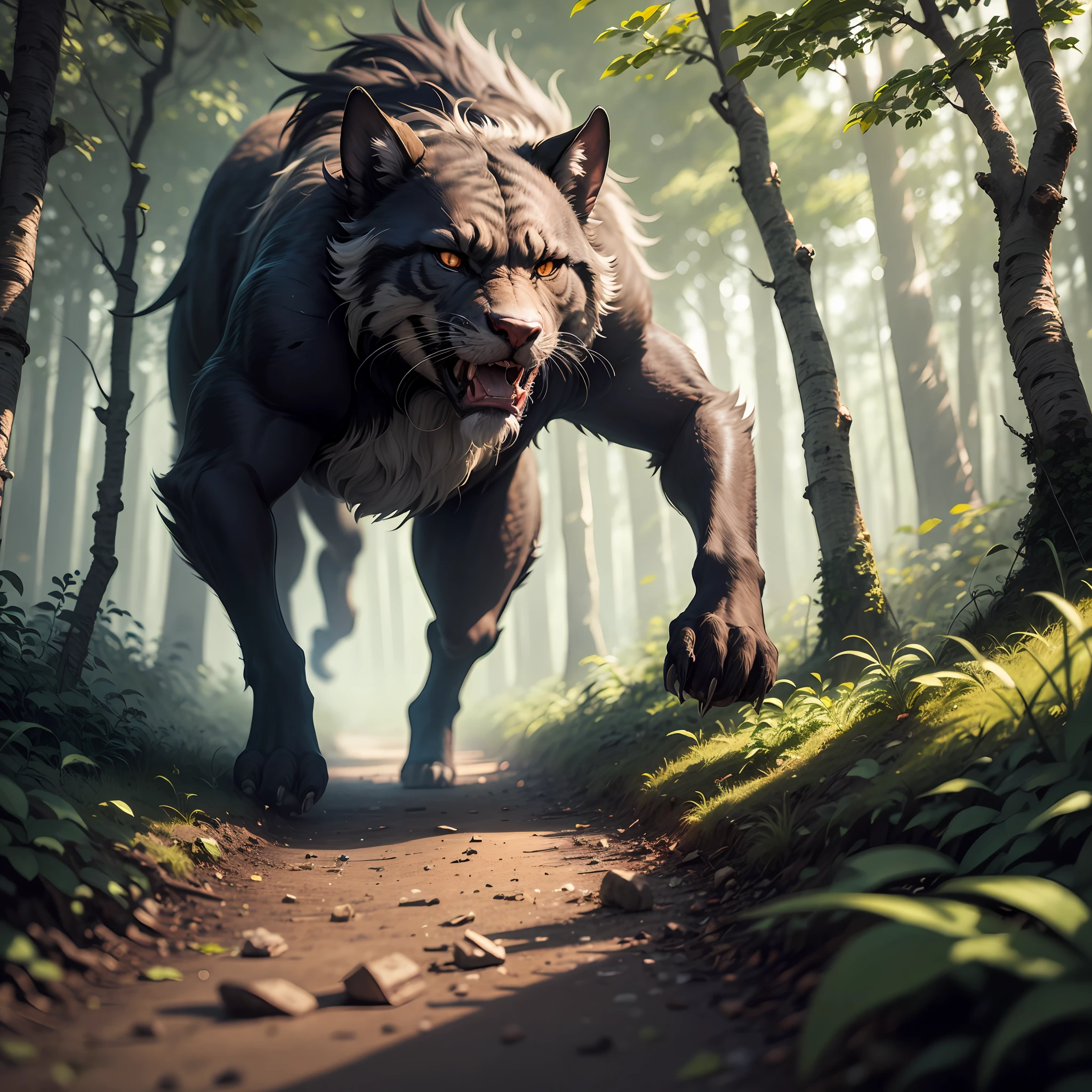 In the primeval forest, A guy, Chased by beasts, run away, first-person view, motion blur, UHD, masterpiece, textured skin, super detail, high details, highres, best quality --auto