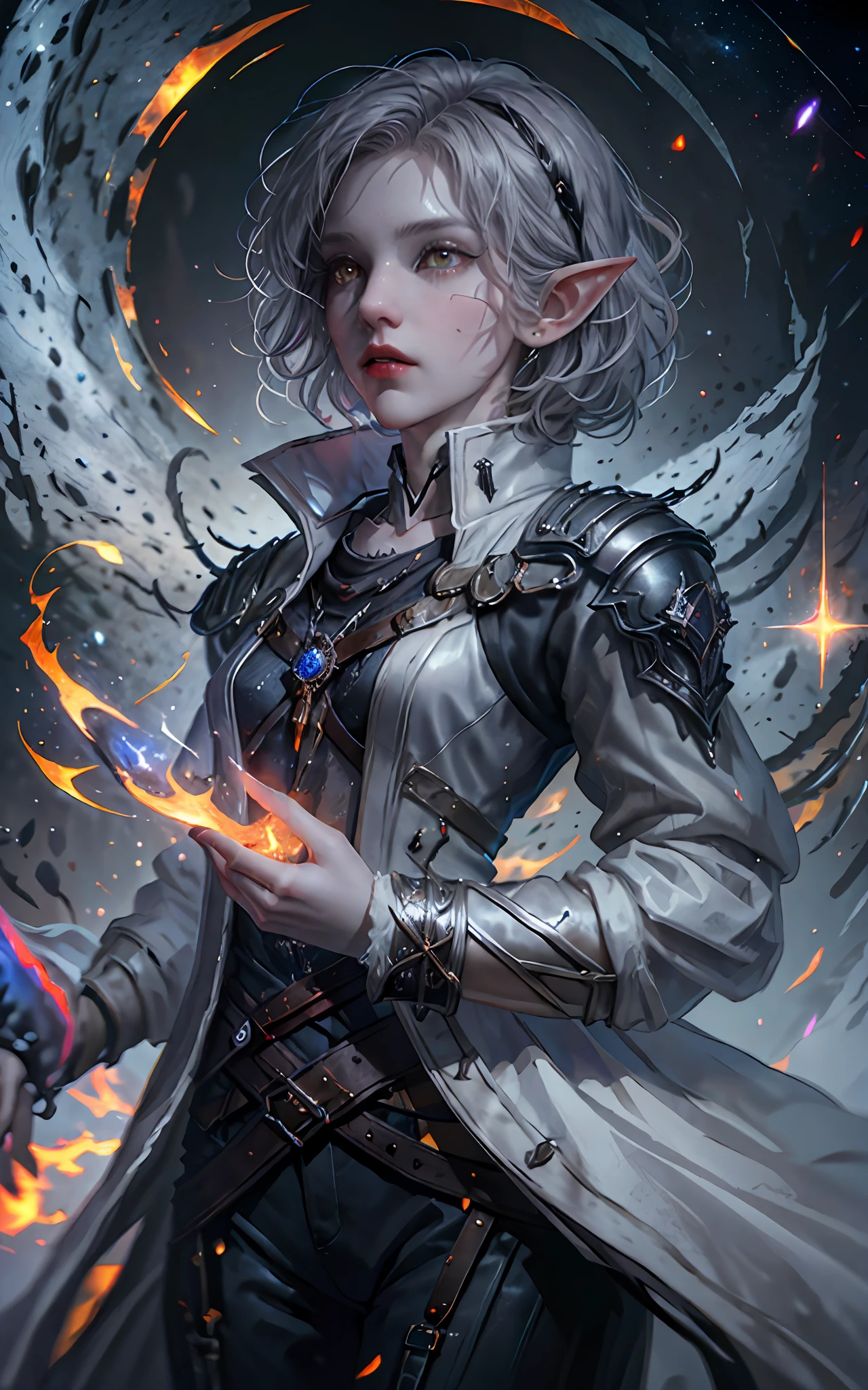 A demonic sorceress casting a fire spell, (1girl, looking at viewer:1.4),(elf ears, young, cute face, looking away, skinny, thin:1.2), straight hair, messy hair, (windy hair:1.3), kingsglaive garb, (white with red accents coat, victorian coat, assasin coat, military coat, pants, boots), adventurer clothes,glowing eyes, (grey hair:1.3), (bob cut:1.2), (yellow eyes), beautiful, highly detailed, hyperrealistic, cinematic lighting, dark, space background, soft cinematic lighting, (backlighting:1.2), (bloom:1.2), (light sparkles:1.1), (chromatic aberration:1.2), sharp focus, high contrast