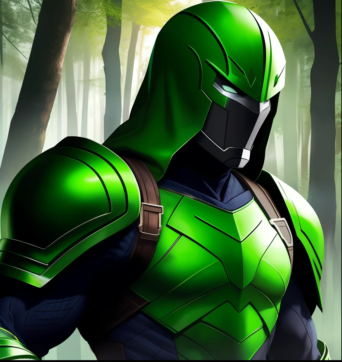 a close up of a person in a green costume standing in a forest, green armor, clothed in stealth armor, green hood, stealth suit, dark supervillain, tor from marvel, amazing 8k character concept art, wearing green armor and helmet, epic ninja suit, green doom guy, with glowing runes on the body, metallic green armor, green goblin --auto