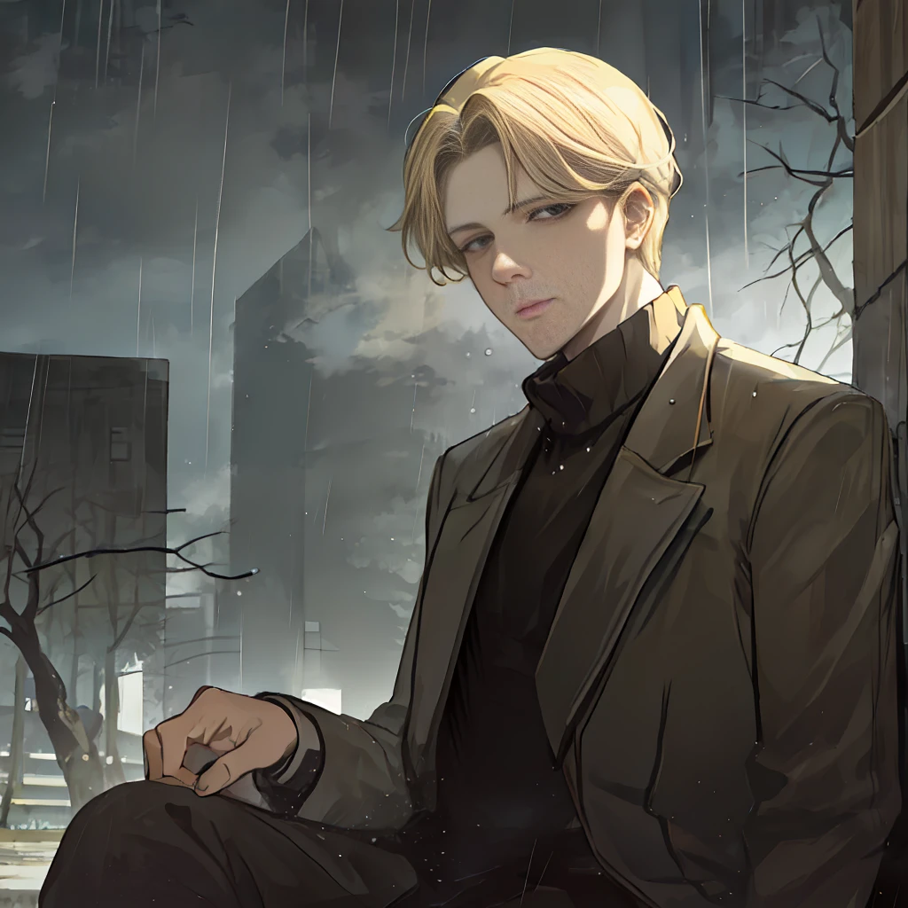 photo of a cool boy ,face of Johan Liebert ,highlighted blonde hair , detailed brown eyes ,skin pores,skin texture, sitting outside in a park,rainy weather,dark, night view , manipulator personality, looking at the viewers ,bored face